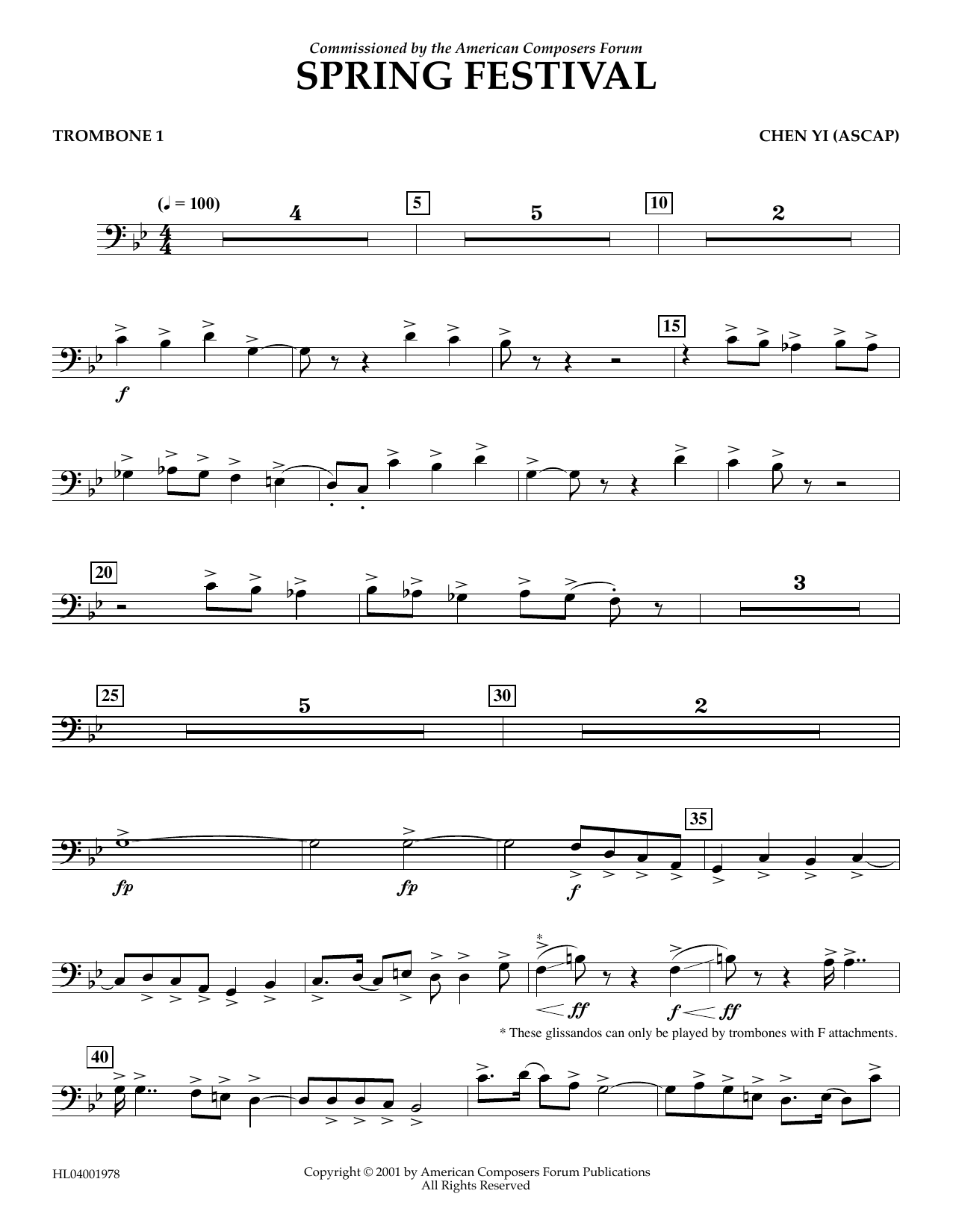 Chen Yi Spring Festival - Trombone 1 Sheet Music Notes & Chords for Concert Band - Download or Print PDF