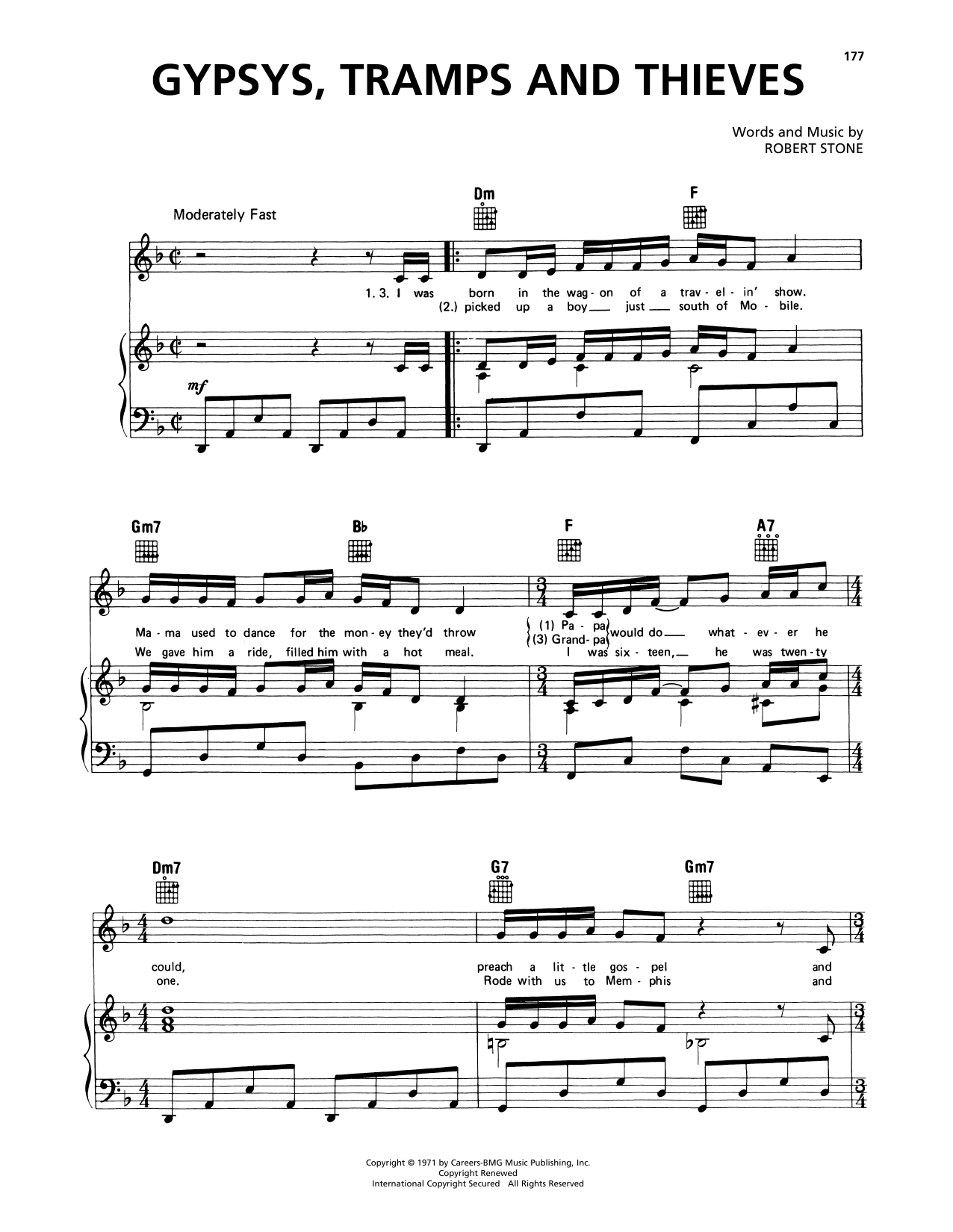 Cher Gypsys, Tramps And Thieves Sheet Music Notes & Chords for Piano, Vocal & Guitar Chords (Right-Hand Melody) - Download or Print PDF