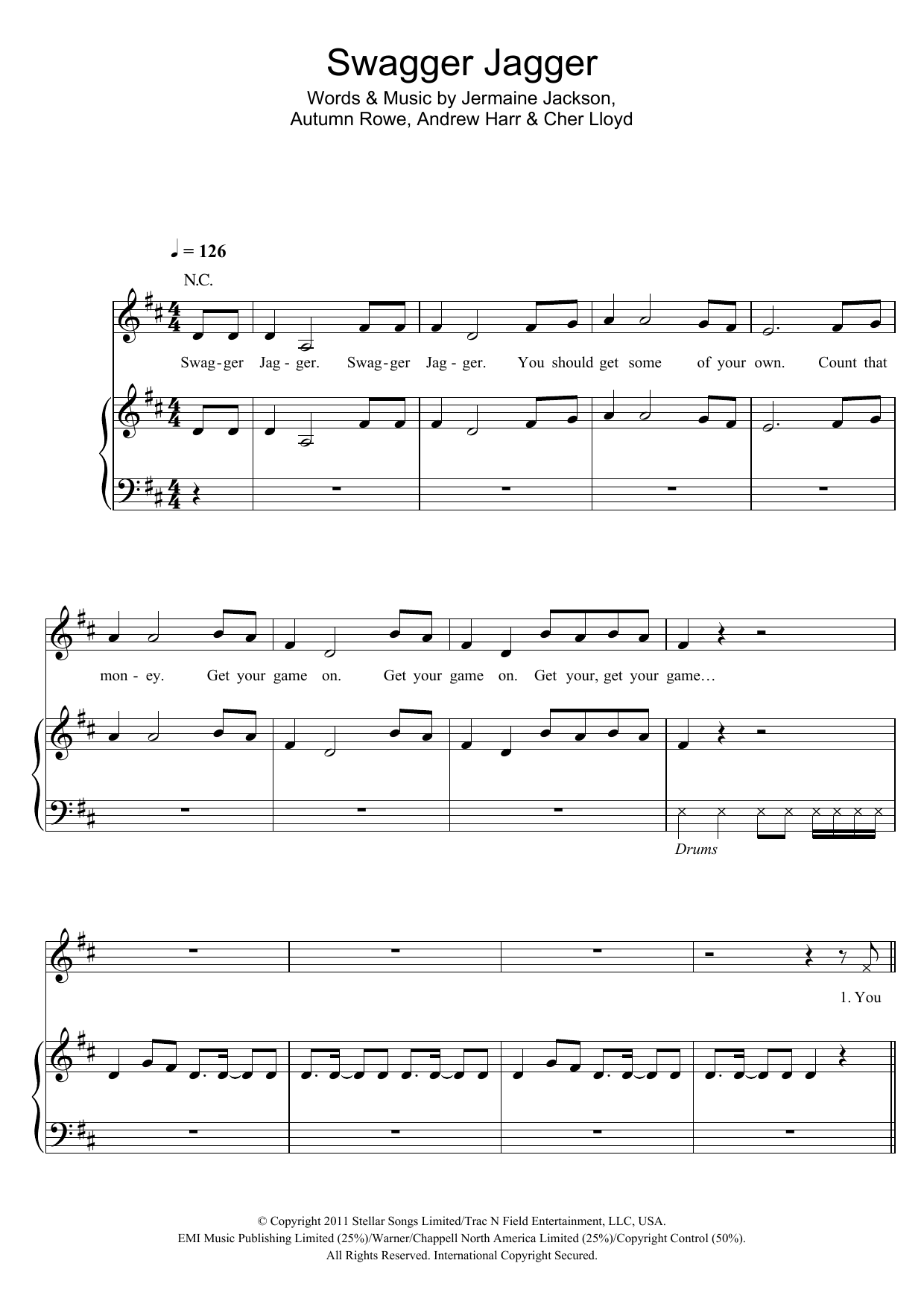 Cher Lloyd Swagger Jagger Sheet Music Notes & Chords for Piano, Vocal & Guitar (Right-Hand Melody) - Download or Print PDF