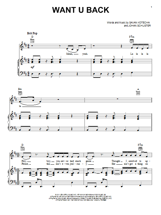 Cher Lloyd Want U Back Sheet Music Notes & Chords for Piano, Vocal & Guitar (Right-Hand Melody) - Download or Print PDF