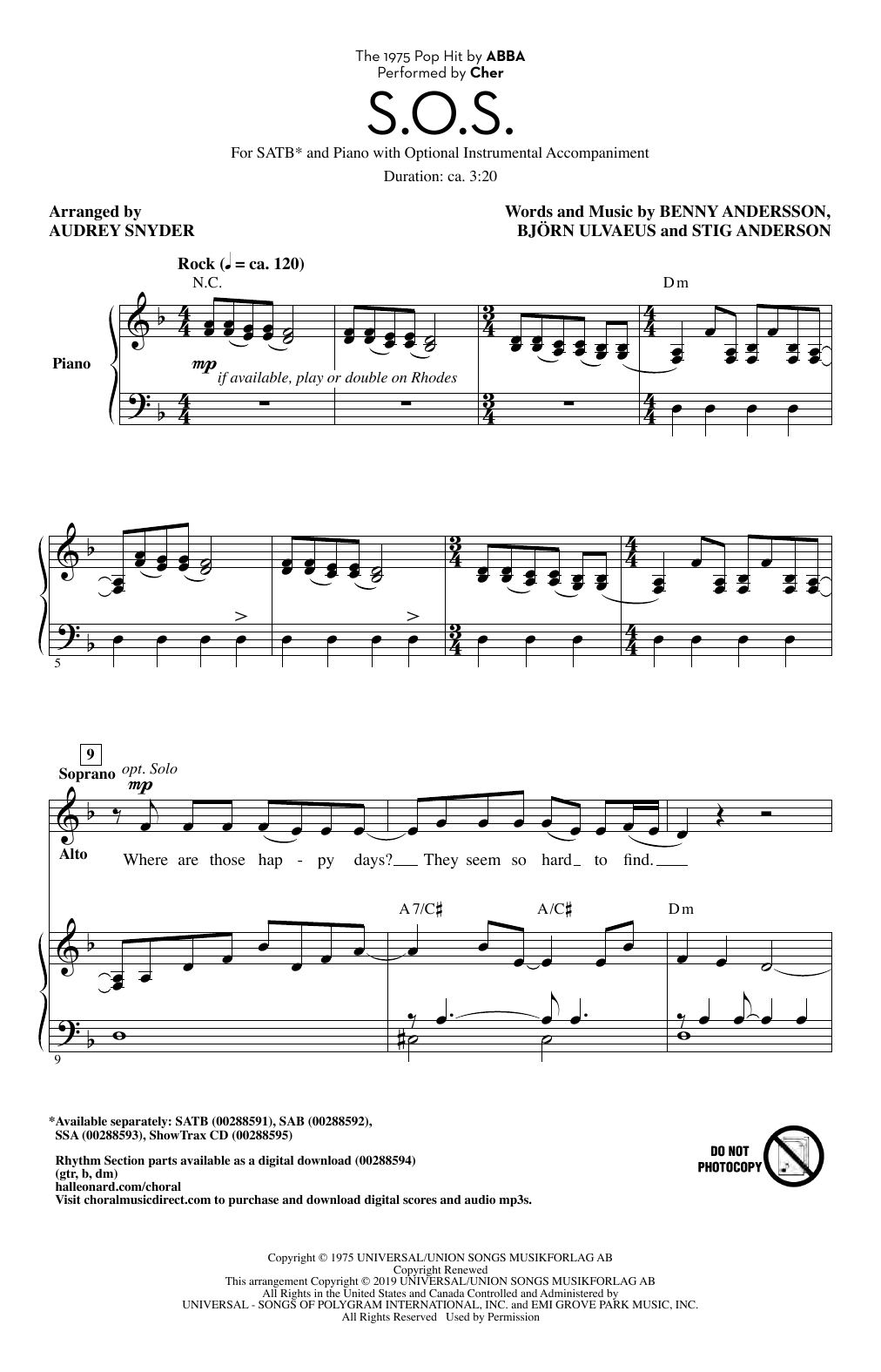 Cher S.O.S. (arr. Audrey Snyder) Sheet Music Notes & Chords for SAB Choir - Download or Print PDF