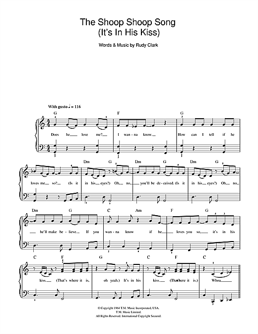 Cher The Shoop Shoop Song (It's In His Kiss) Sheet Music Notes & Chords for Lyrics & Chords - Download or Print PDF