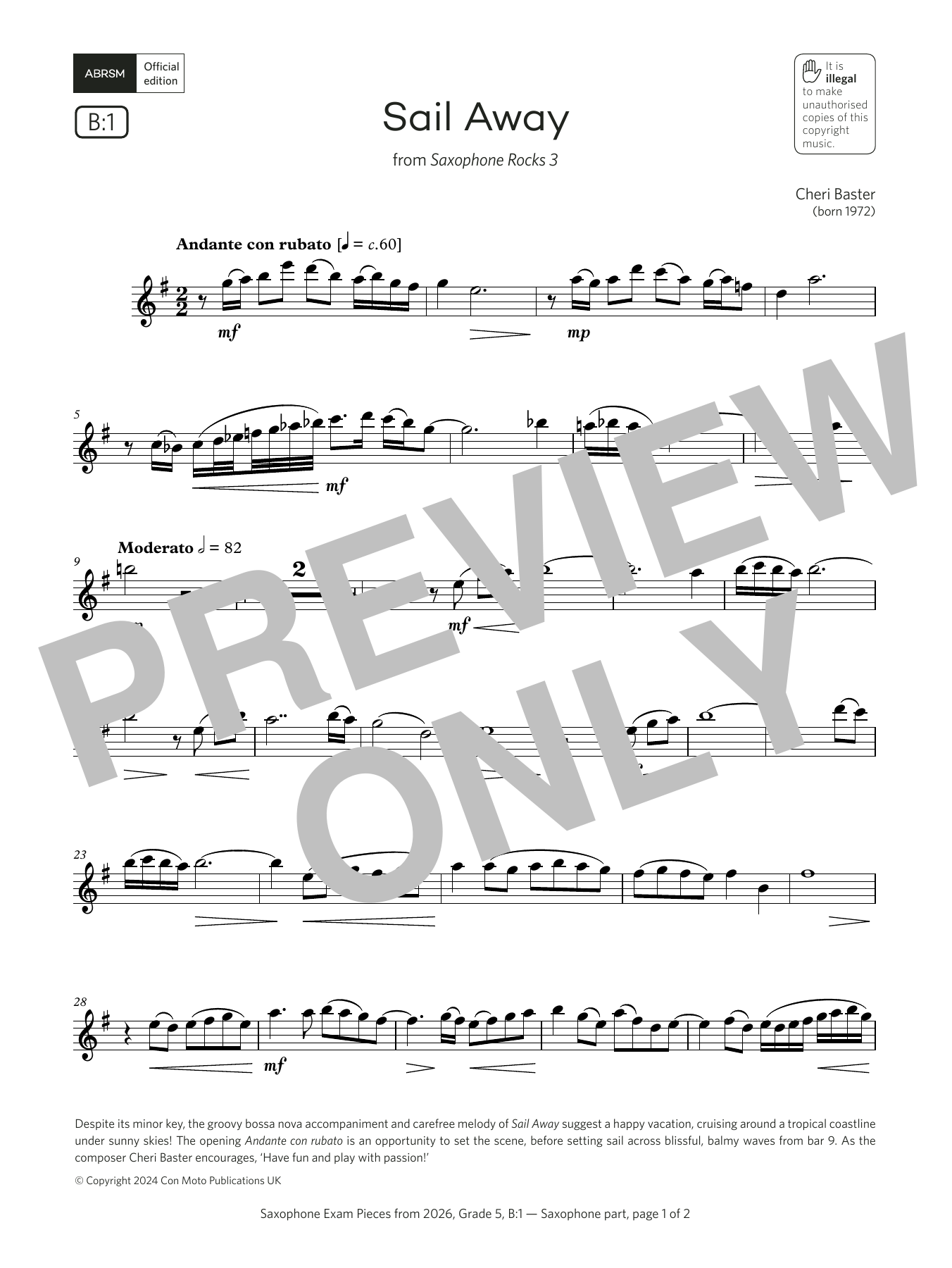 Cheri Baster Sail Away (Grade 5, list B1, from the ABRSM Saxophone Syllabus from 2026) Sheet Music Notes & Chords for Alto Sax Solo - Download or Print PDF Cheri Baster Sail Away (Grade 5, list B1, from the ABRSM Saxophone Syllabus from 2026) Sheet Music Notes & Chords for Alto Sax Solo - Download or Print PDF
