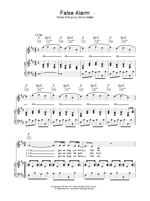 Cherry Ghost False Alarm Sheet Music Notes & Chords for Piano, Vocal & Guitar - Download or Print PDF