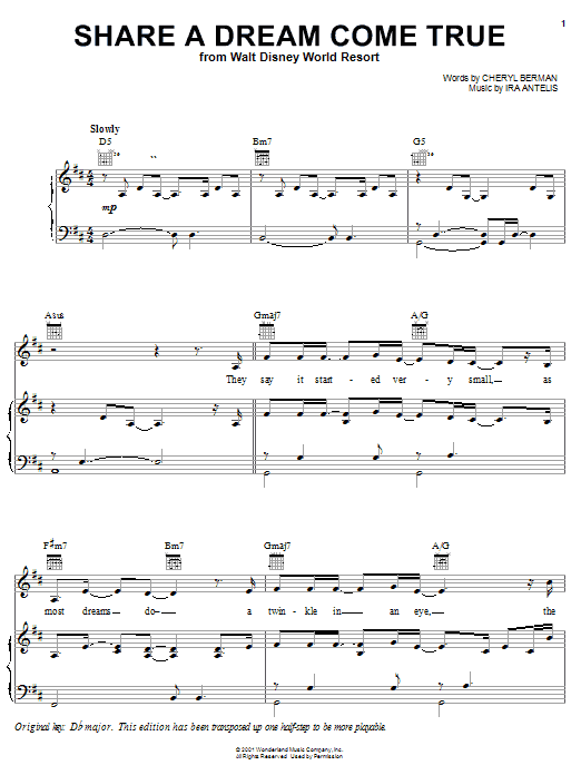 Cheryl Berman Share A Dream Come True Sheet Music Notes & Chords for Piano, Vocal & Guitar (Right-Hand Melody) - Download or Print PDF