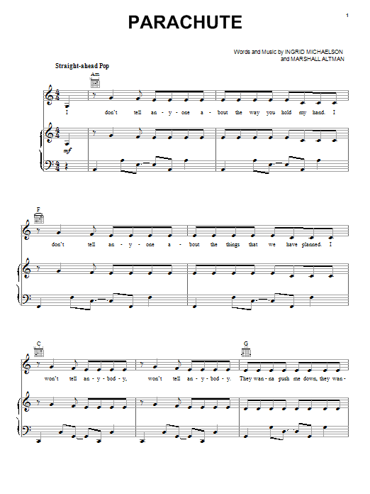 Cheryl Cole Parachute Sheet Music Notes & Chords for Piano, Vocal & Guitar (Right-Hand Melody) - Download or Print PDF