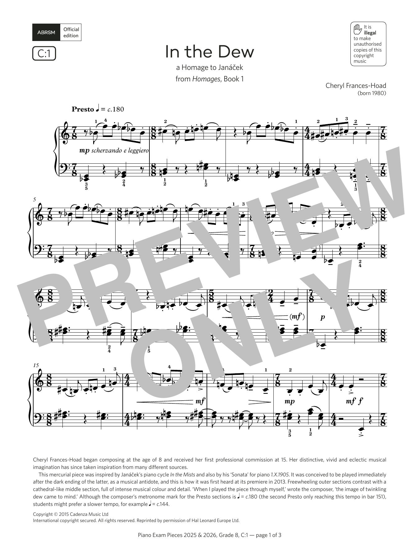 Cheryl Frances-Hoad In the Dew (Grade 8, list C1, from the ABRSM Piano Syllabus 2025 & 2026) Sheet Music Notes & Chords for Piano Solo - Download or Print PDF