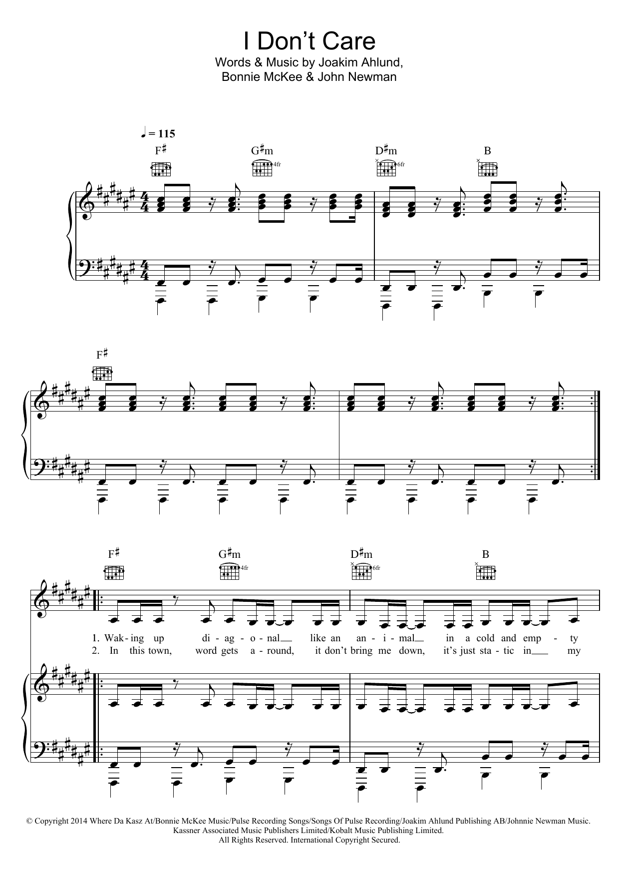 Cheryl I Don't Care Sheet Music Notes & Chords for Piano, Vocal & Guitar (Right-Hand Melody) - Download or Print PDF