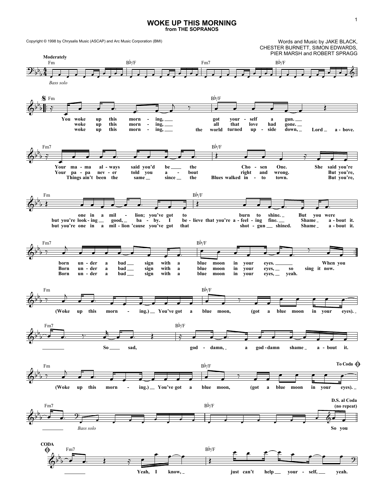 Alabama 3 Woke Up This Morning Sheet Music Notes & Chords for Melody Line, Lyrics & Chords - Download or Print PDF