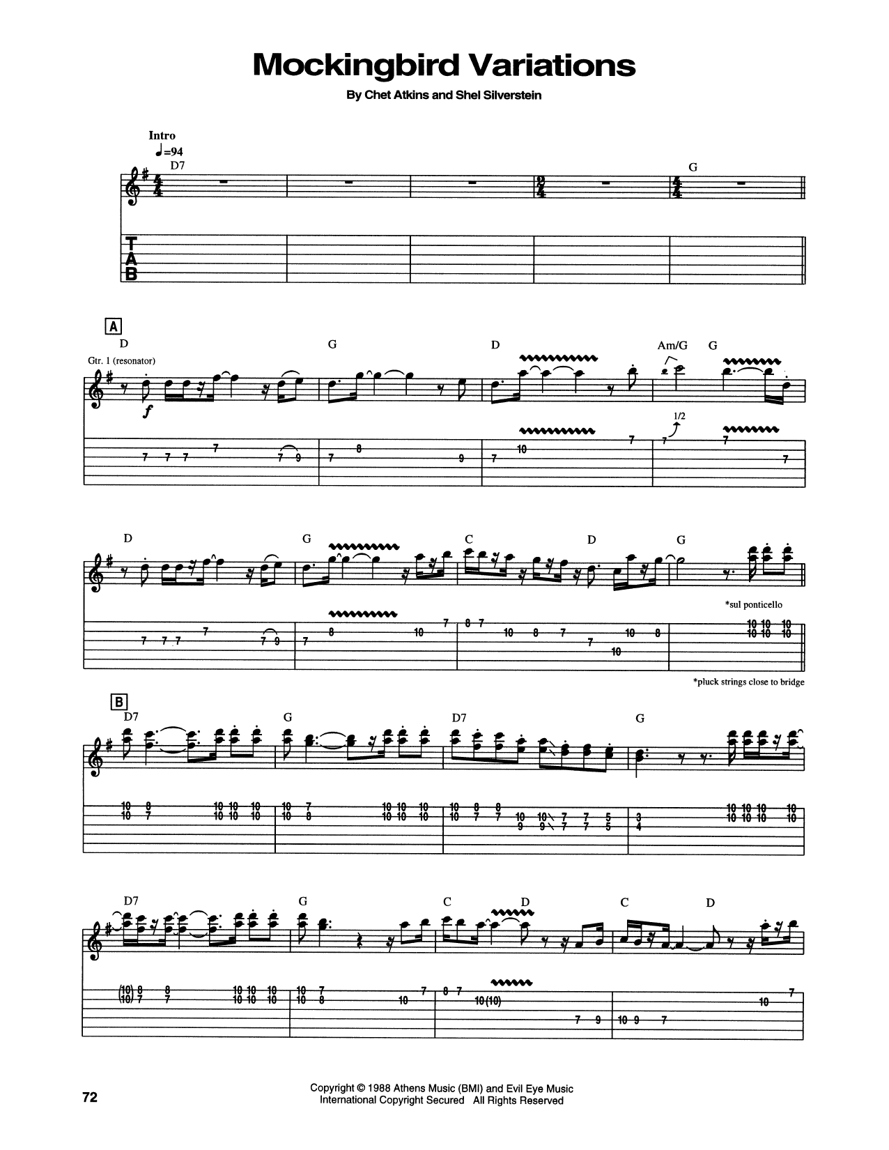 Chet Atkins Mockingbird Variations Sheet Music Notes & Chords for Guitar Tab - Download or Print PDF