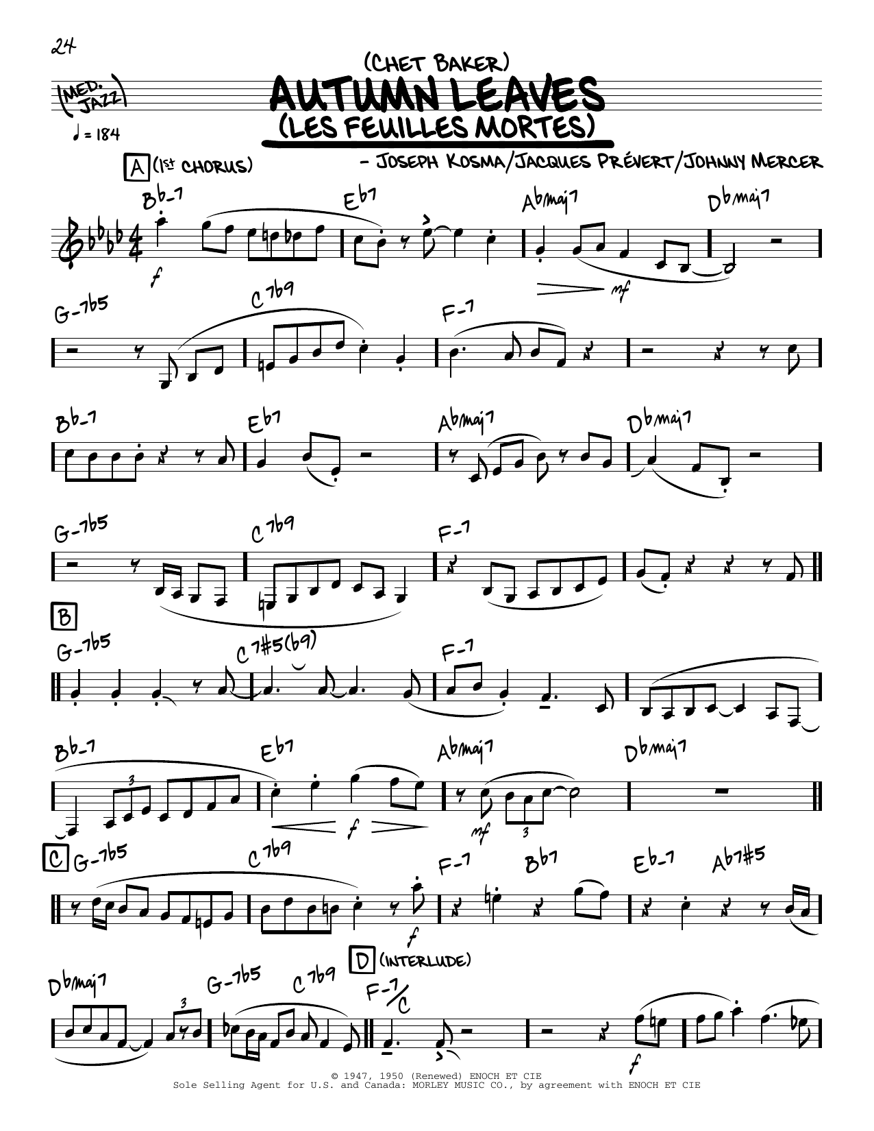 Chet Baker Autumn Leaves (solo only) Sheet Music Notes & Chords for Real Book – Melody & Chords - Download or Print PDF