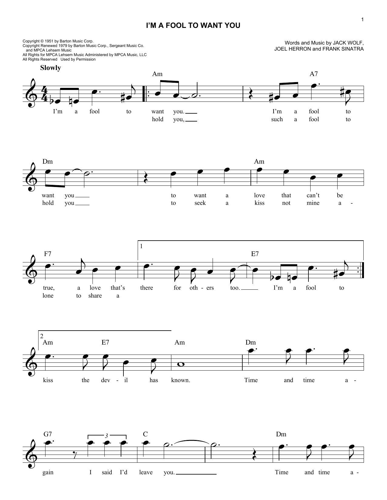 Chet Baker I'm A Fool To Want You Sheet Music Notes & Chords for Melody Line, Lyrics & Chords - Download or Print PDF