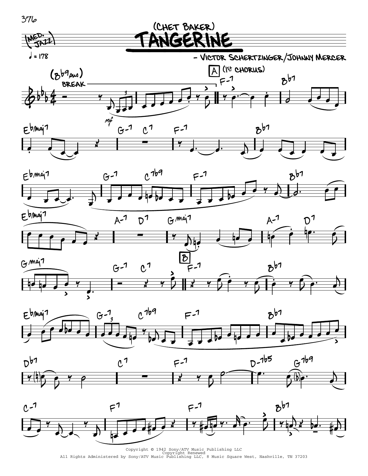 Chet Baker Tangerine (solo only) Sheet Music Notes & Chords for Real Book – Melody & Chords - Download or Print PDF