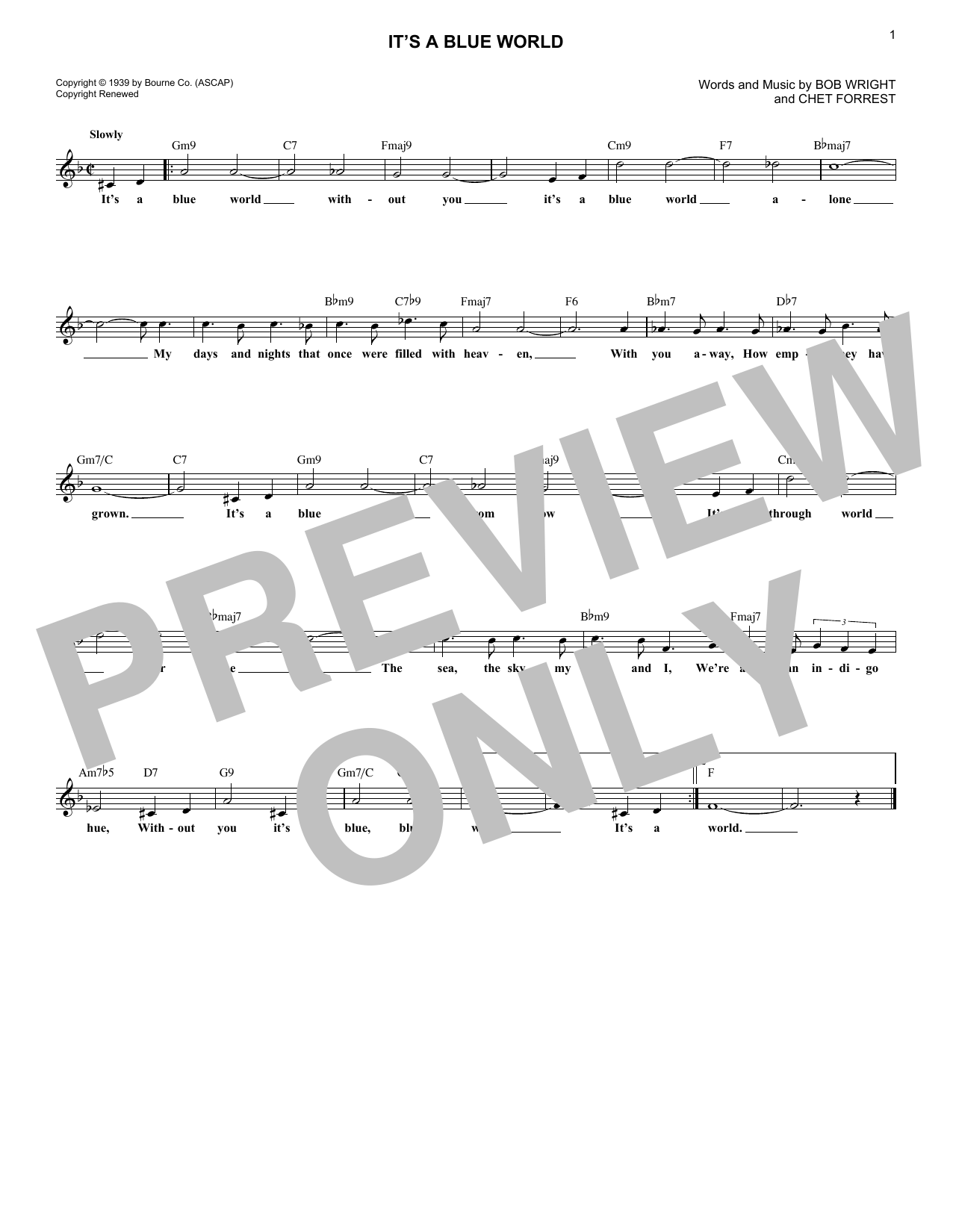 Chet Forrest It's A Blue World Sheet Music Notes & Chords for Melody Line, Lyrics & Chords - Download or Print PDF