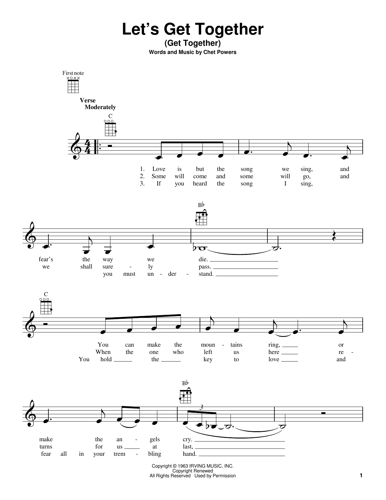 Chet Powers Let's Get Together (Get Together) Sheet Music Notes & Chords for Ukulele - Download or Print PDF