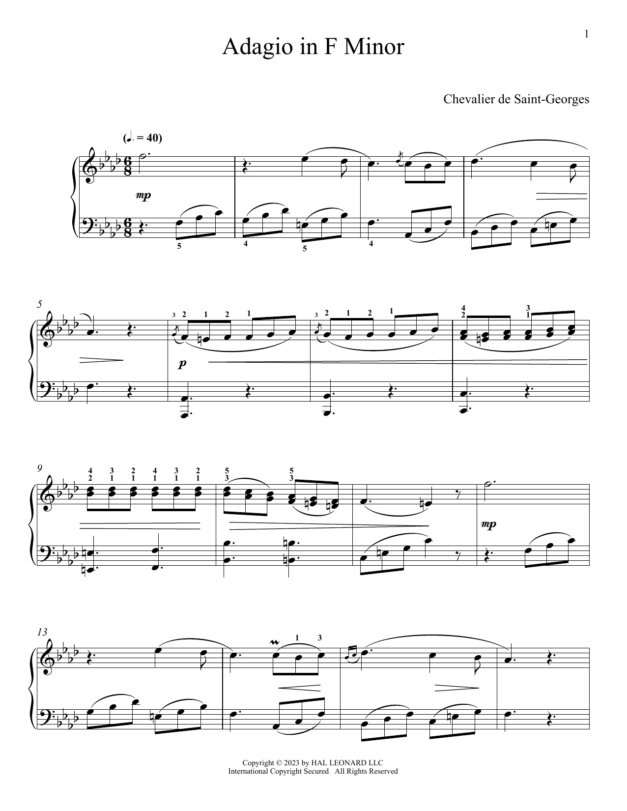 Chevalier de Saint-Georges Adagio In F Minor Sheet Music Notes & Chords for Piano Solo - Download or Print PDF