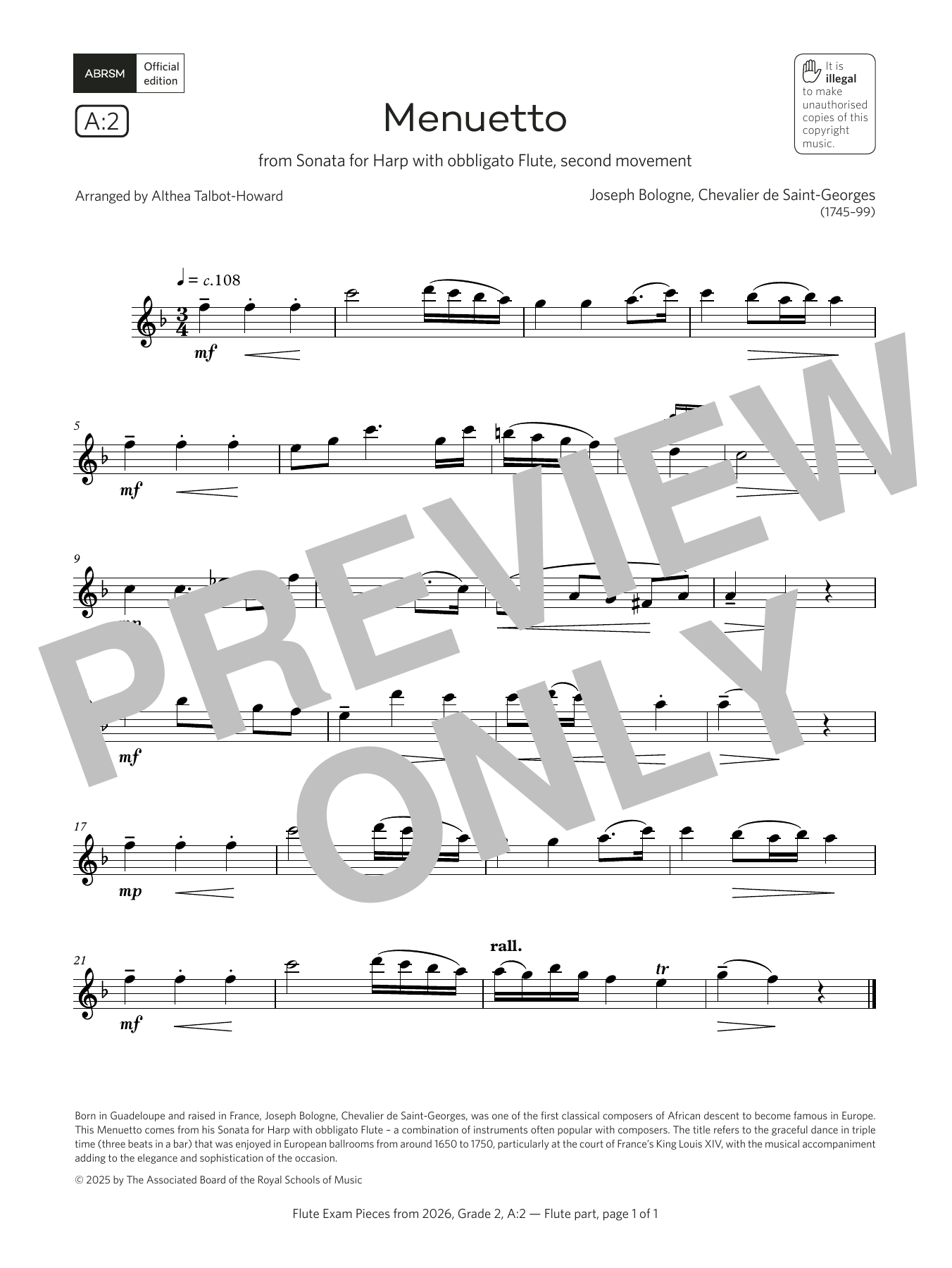 Chevalier de Saint-Georges Menuetto (Grade 2, list A2, from the ABRSM Flute Syllabus from 2026) Sheet Music Notes & Chords for Flute Solo - Download or Print PDF Chevalier de Saint-Georges Menuetto (Grade 2, list A2, from the ABRSM Flute Syllabus from 2026) Sheet Music Notes & Chords for Flute Solo - Download or Print PDF