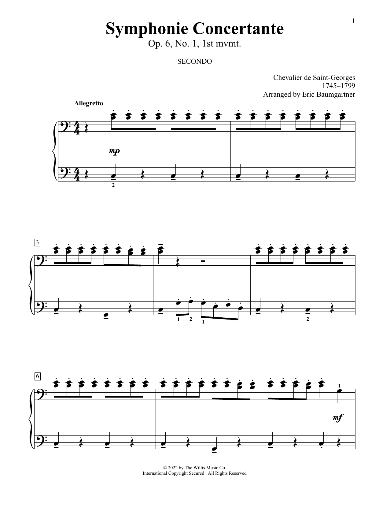 Chevalier de Saint-Georges Symphonie Concertante, Op. 6, No. 1, 1st Mvmt (arr. Eric Baumgartner) Sheet Music Notes & Chords for Piano Duet - Download or Print PDF