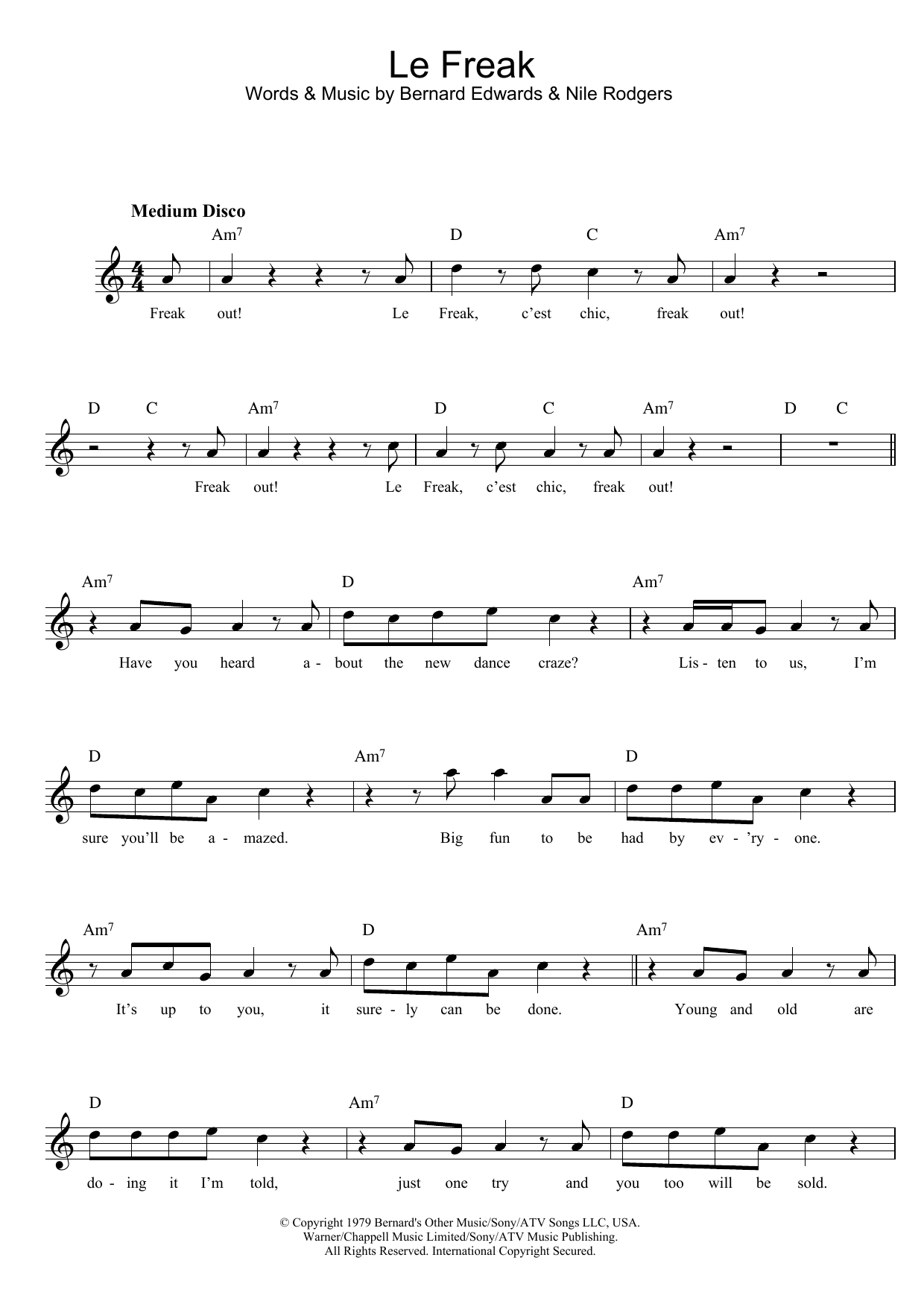 Chic Le Freak Sheet Music Notes & Chords for Melody Line, Lyrics & Chords - Download or Print PDF