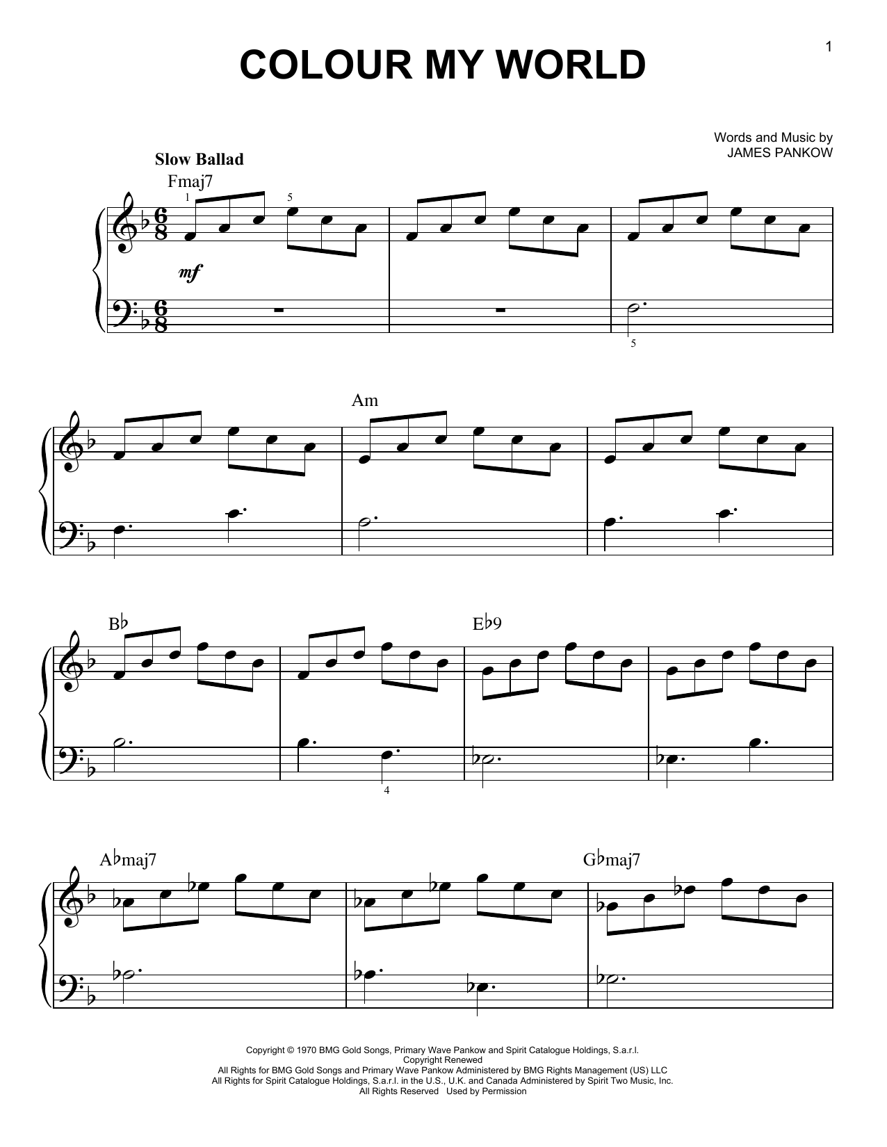 Preview Chicago Colour My World Pop sheet music, notes and chords for Easy Piano, SKU: 25428 Colour My World sheet music