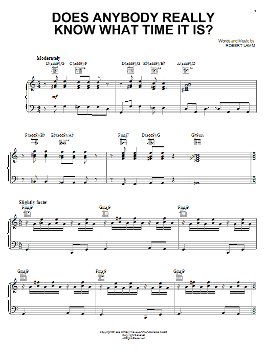 Chicago Does Anybody Really Know What Time It Is? Sheet Music Notes & Chords for Piano, Vocal & Guitar (Right-Hand Melody) - Download or Print PDF