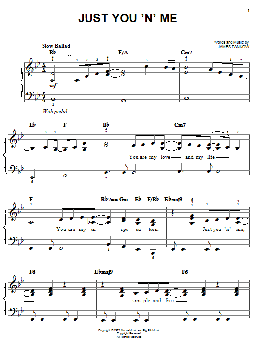 Preview Chicago Just You 'N' Me Pop sheet music, notes and chords for Easy Piano, SKU: 25423 Just You 'N' Me sheet music
