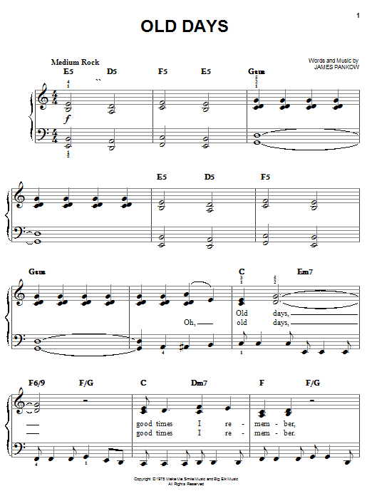 Preview Chicago Old Days Pop sheet music, notes and chords for Easy Piano, SKU: 25425 Old Days sheet music