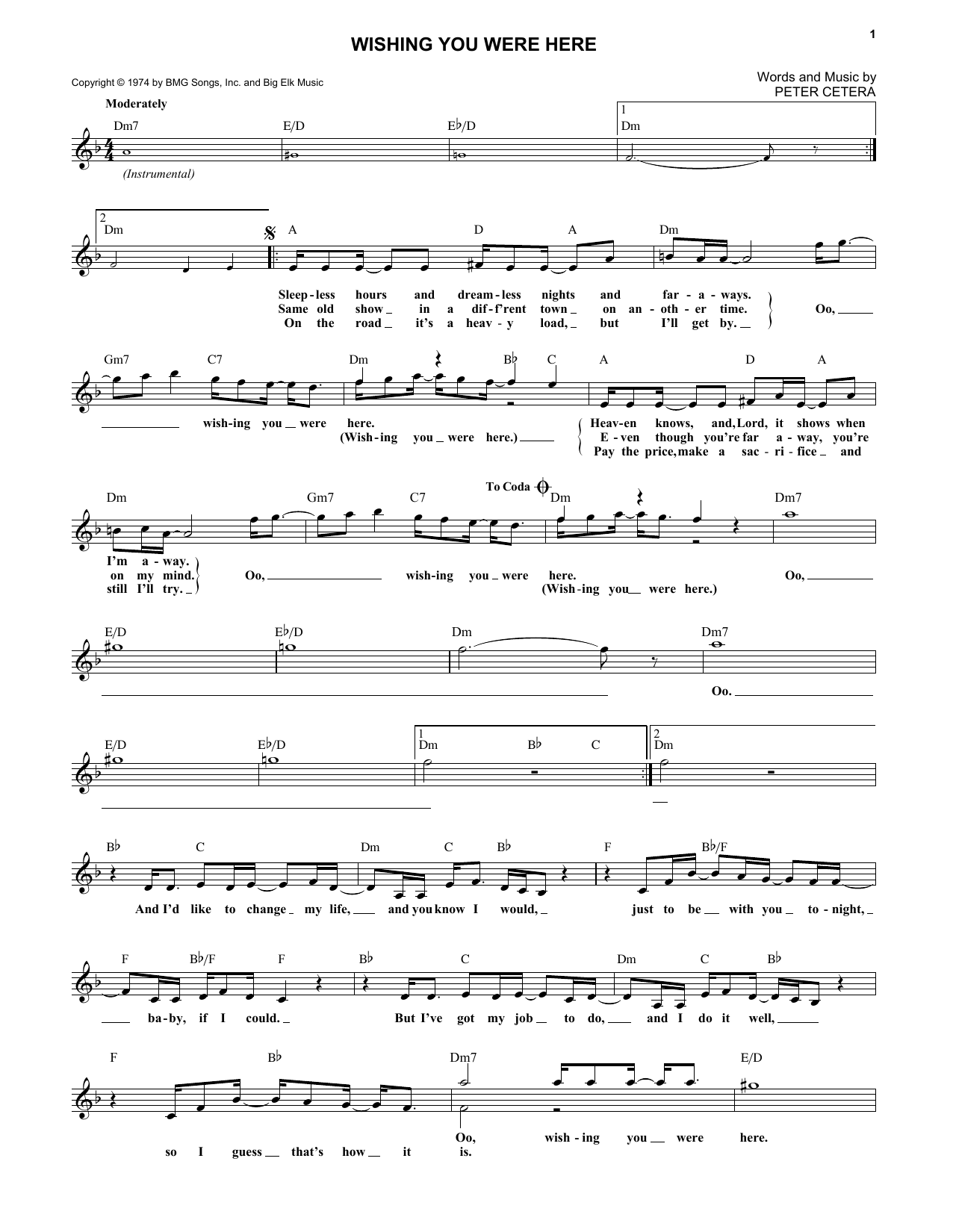 Chicago Wishing You Were Here Sheet Music Notes & Chords for Melody Line, Lyrics & Chords - Download or Print PDF