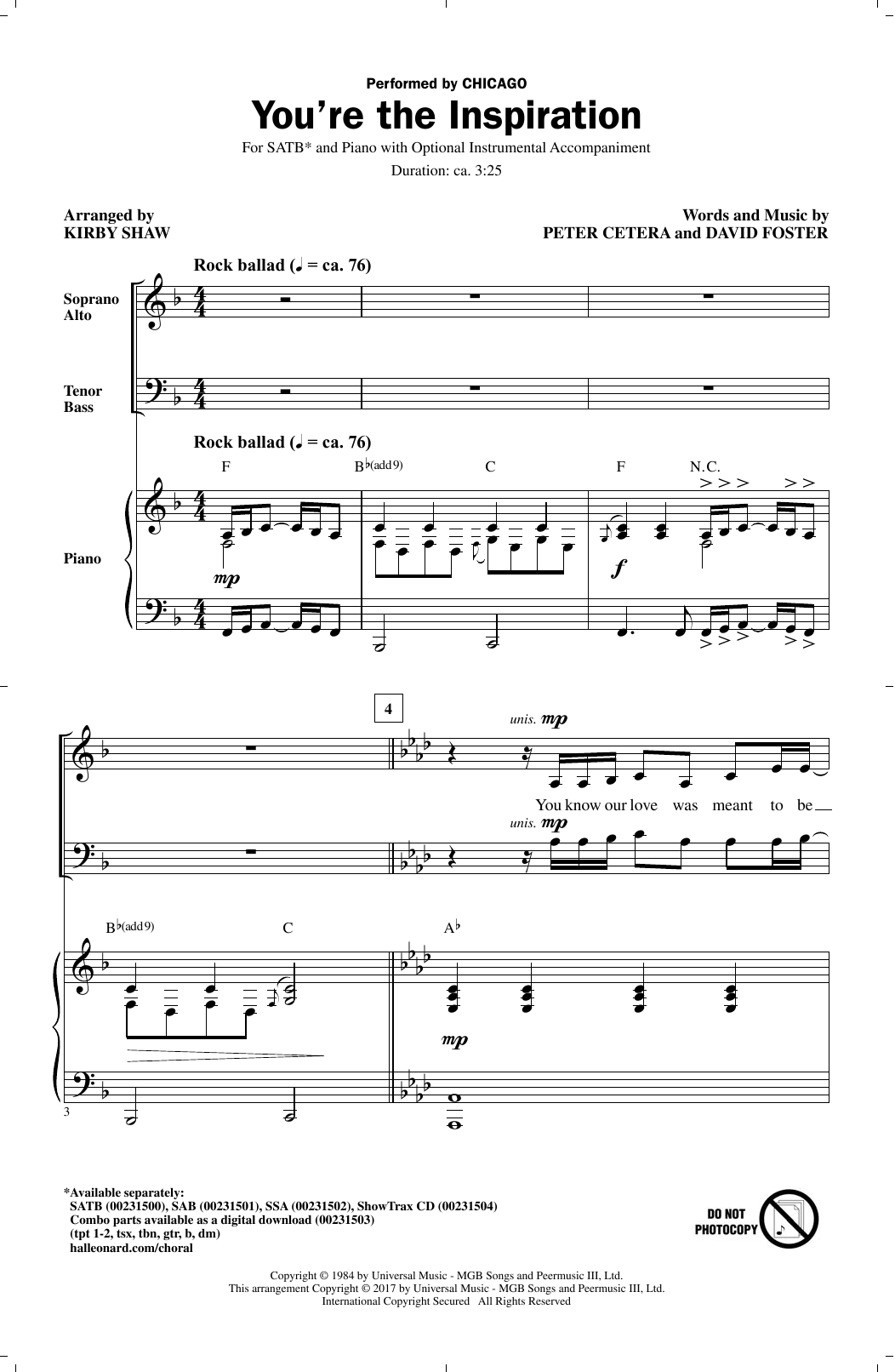 Chicago You're The Inspiration (arr. Kirby Shaw) Sheet Music Notes & Chords for SATB - Download or Print PDF