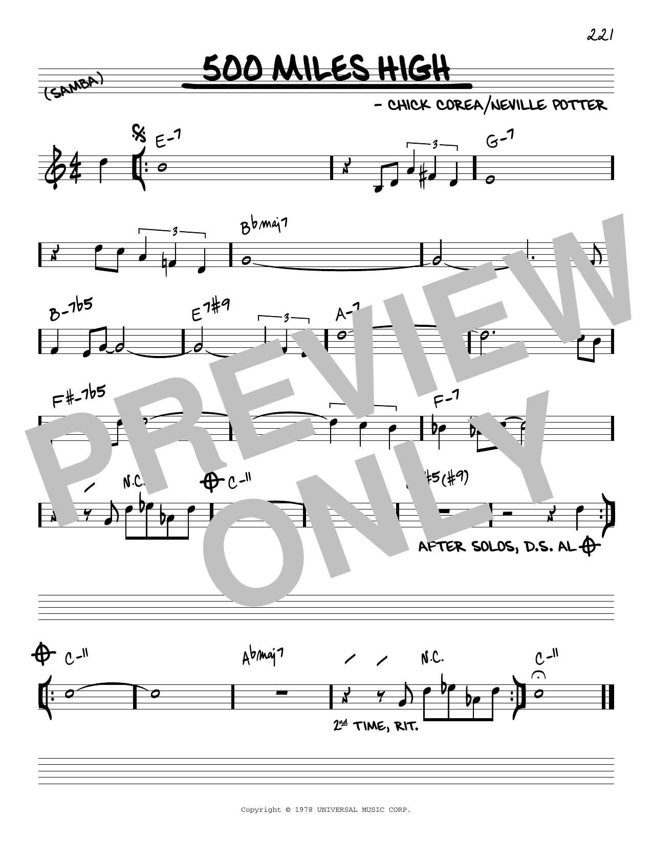 Chick Corea 500 Miles High Sheet Music Notes & Chords for Real Book – Melody & Chords – C Instruments - Download or Print PDF