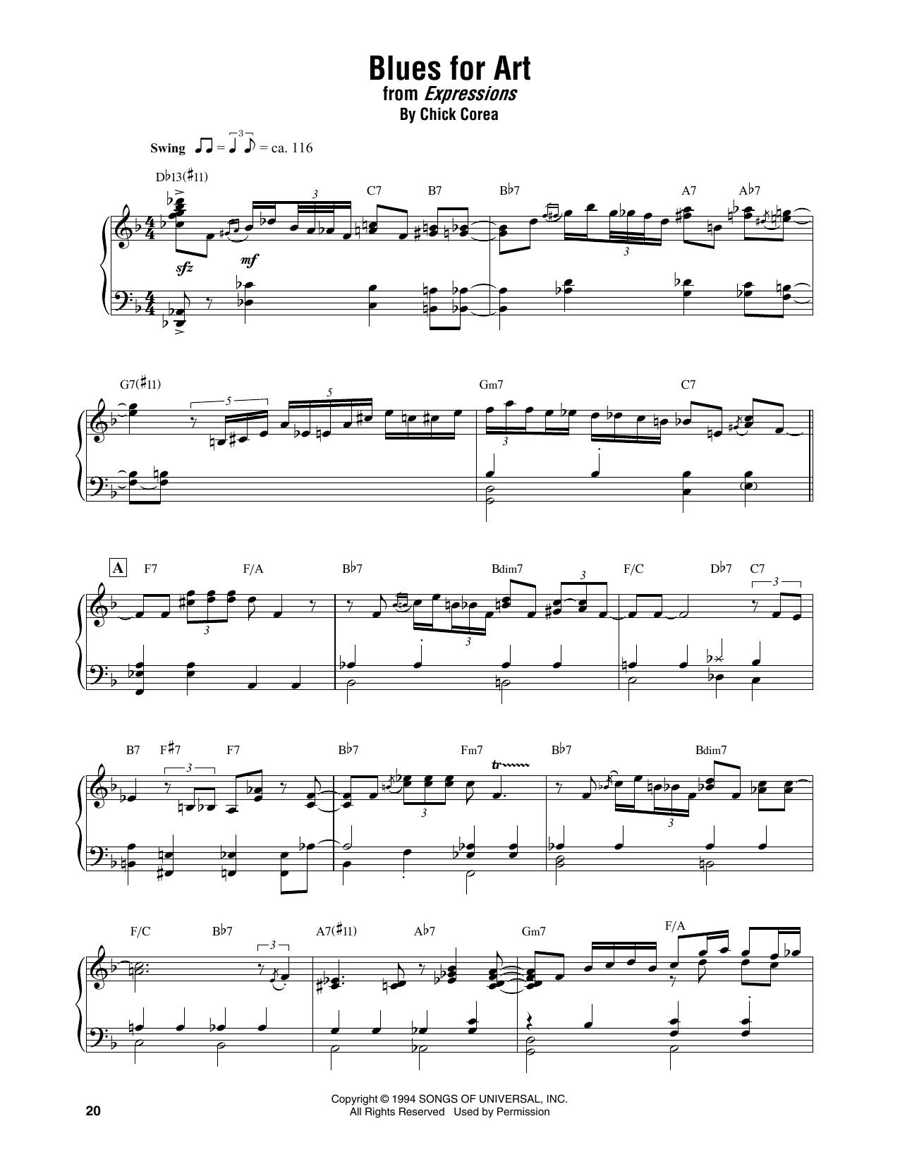 Chick Corea Blues For Art Sheet Music Notes & Chords for Piano Transcription - Download or Print PDF