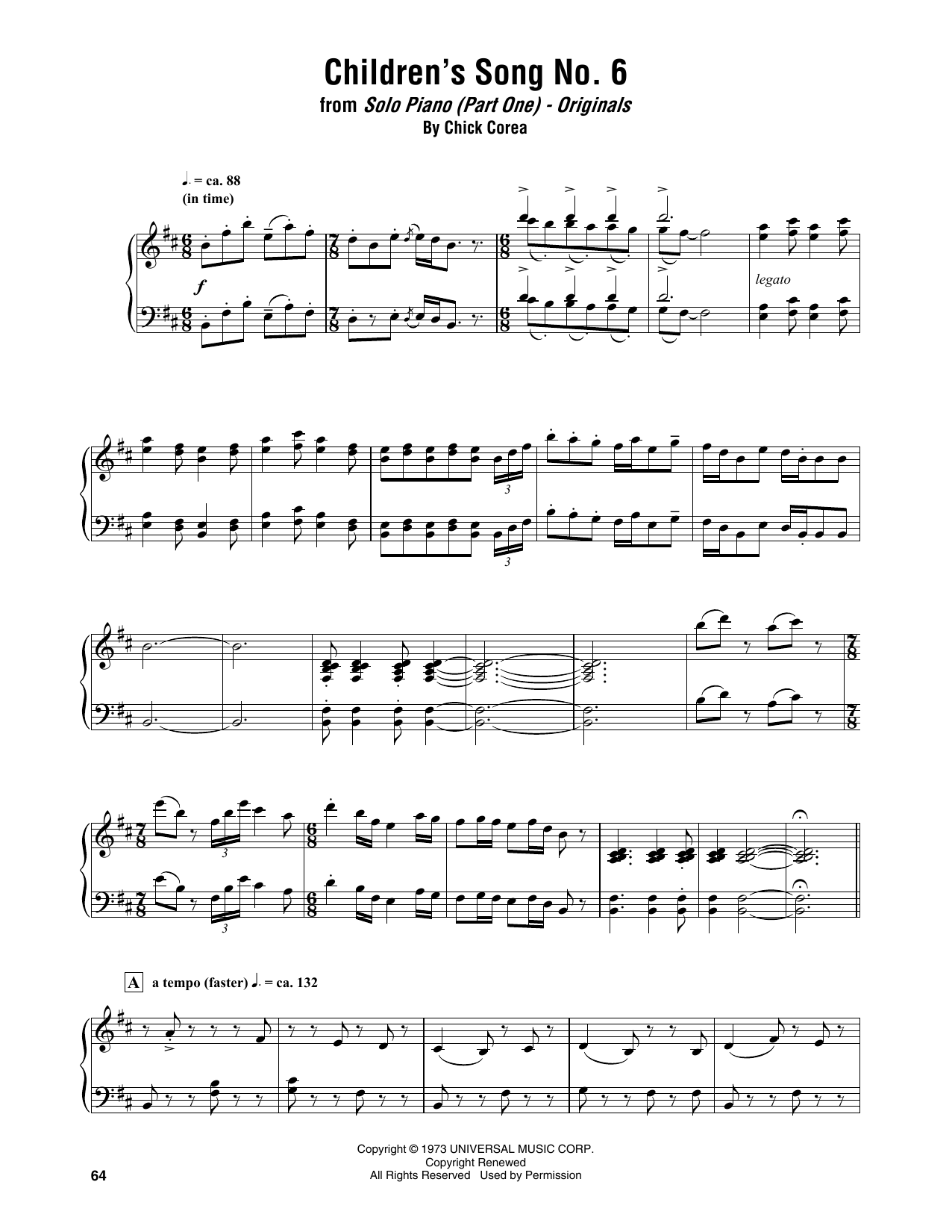 Chick Corea Children's Song No. 6 Sheet Music Notes & Chords for Piano Transcription - Download or Print PDF