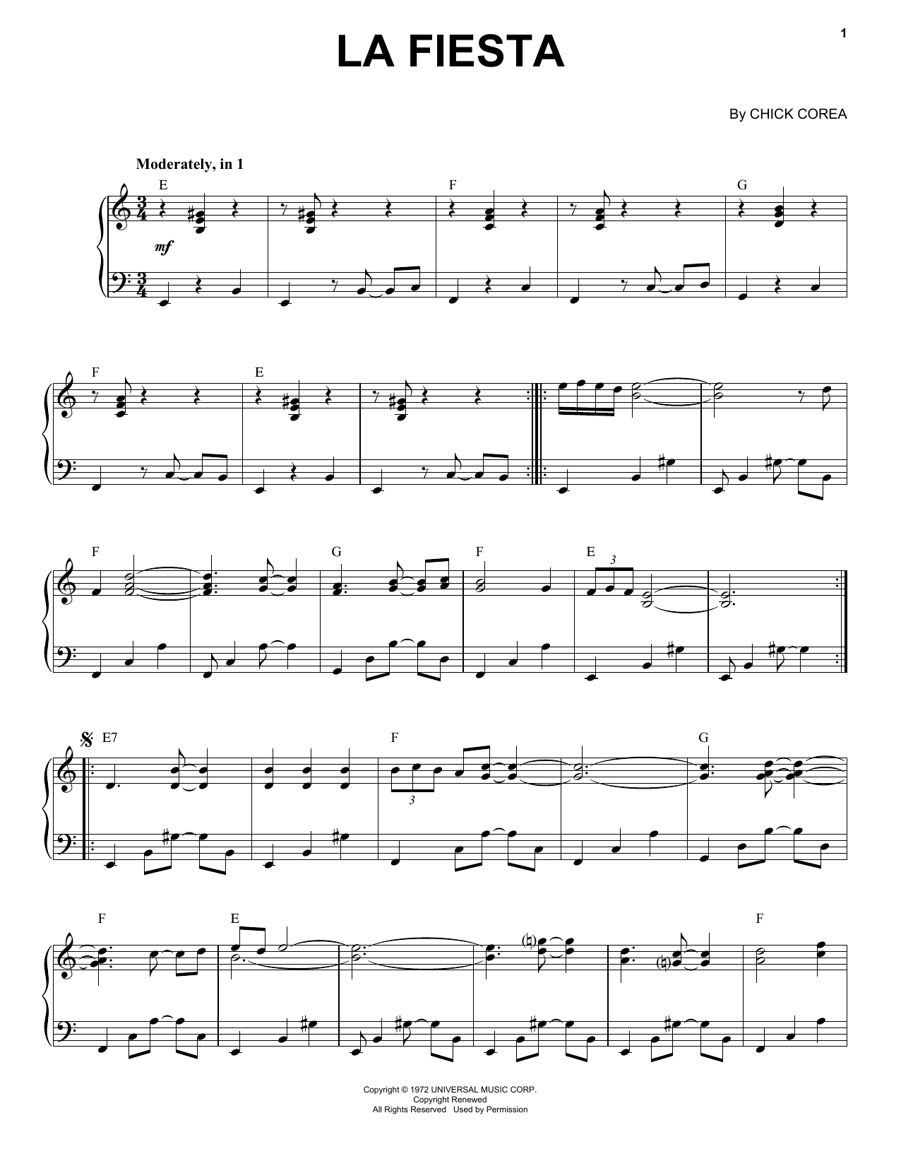Chick Corea La Fiesta Sheet Music Notes & Chords for Piano Transcription - Download or Print PDF