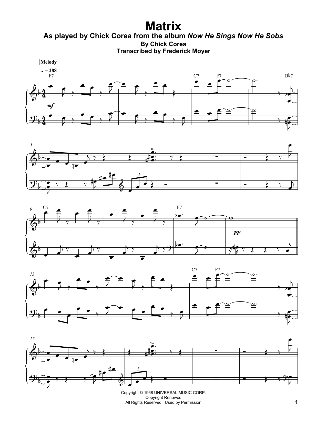 Chick Corea Matrix Sheet Music Notes & Chords for Piano Transcription - Download or Print PDF