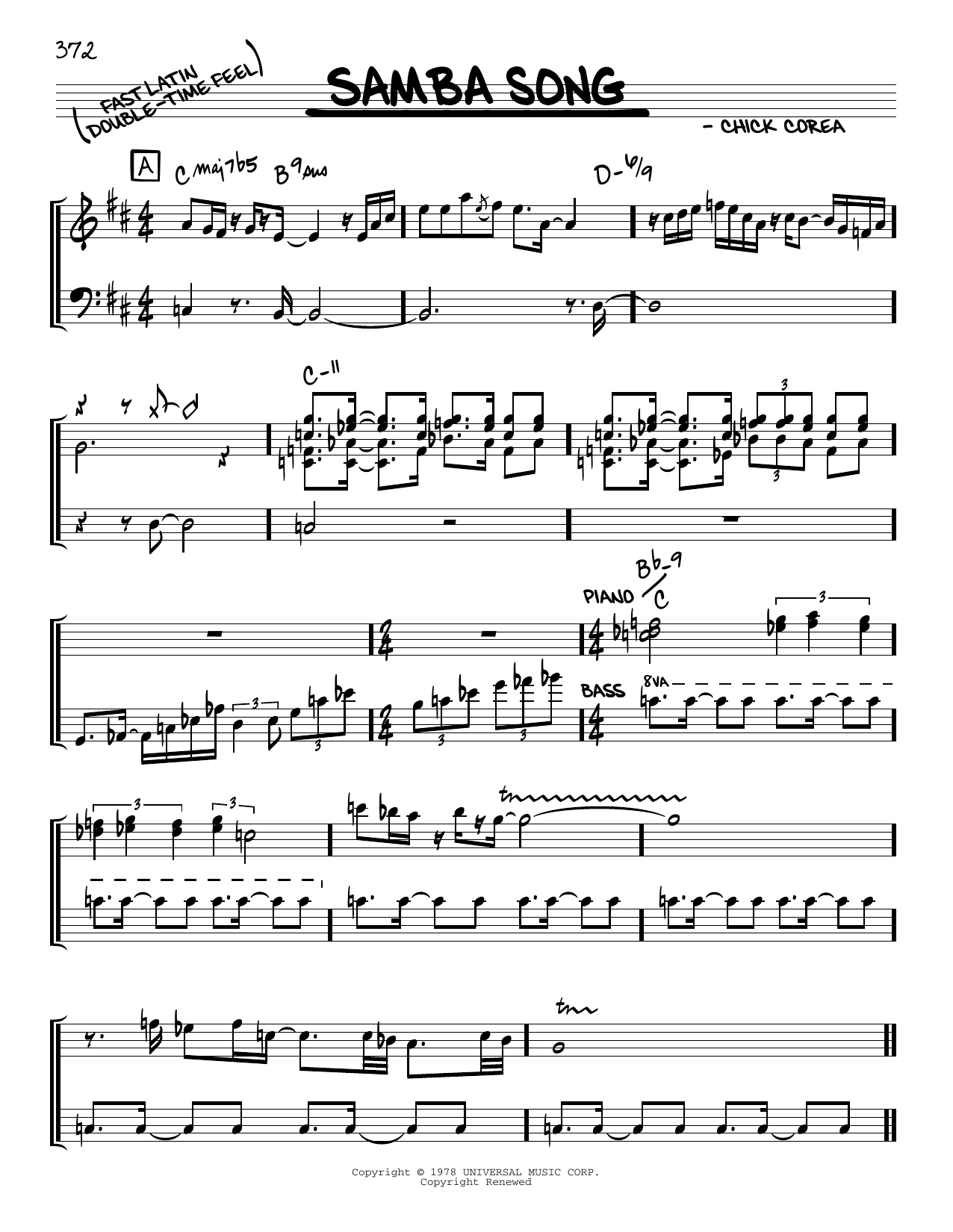 Chick Corea Samba Song Sheet Music Notes & Chords for Real Book – Melody & Chords - Download or Print PDF