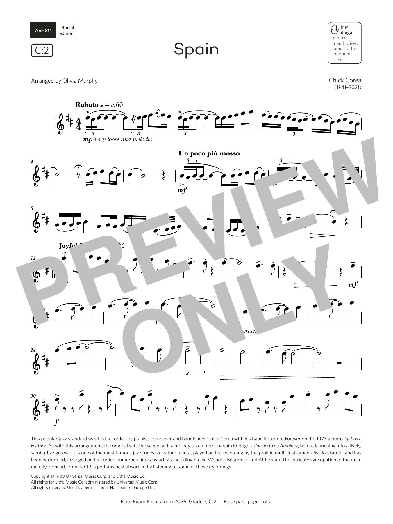 Chick Corea Spain (Grade 7, list C2, from the ABRSM Flute Syllabus from 2026) Sheet Music Notes & Chords for Flute Solo - Download or Print PDF Chick Corea Spain (Grade 7, list C2, from the ABRSM Flute Syllabus from 2026) Sheet Music Notes & Chords for Flute Solo - Download or Print PDF