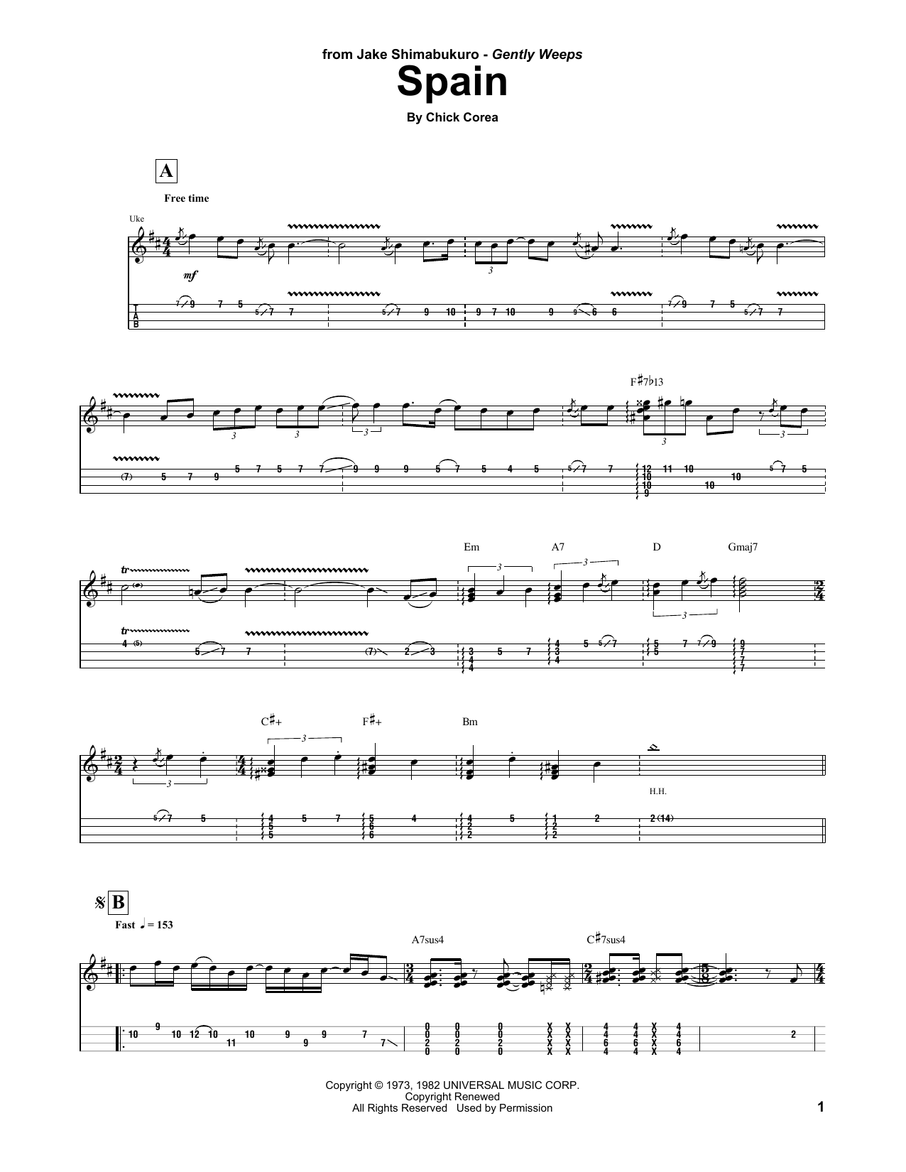 Chick Corea Spain Sheet Music Notes & Chords for UKETAB - Download or Print PDF
