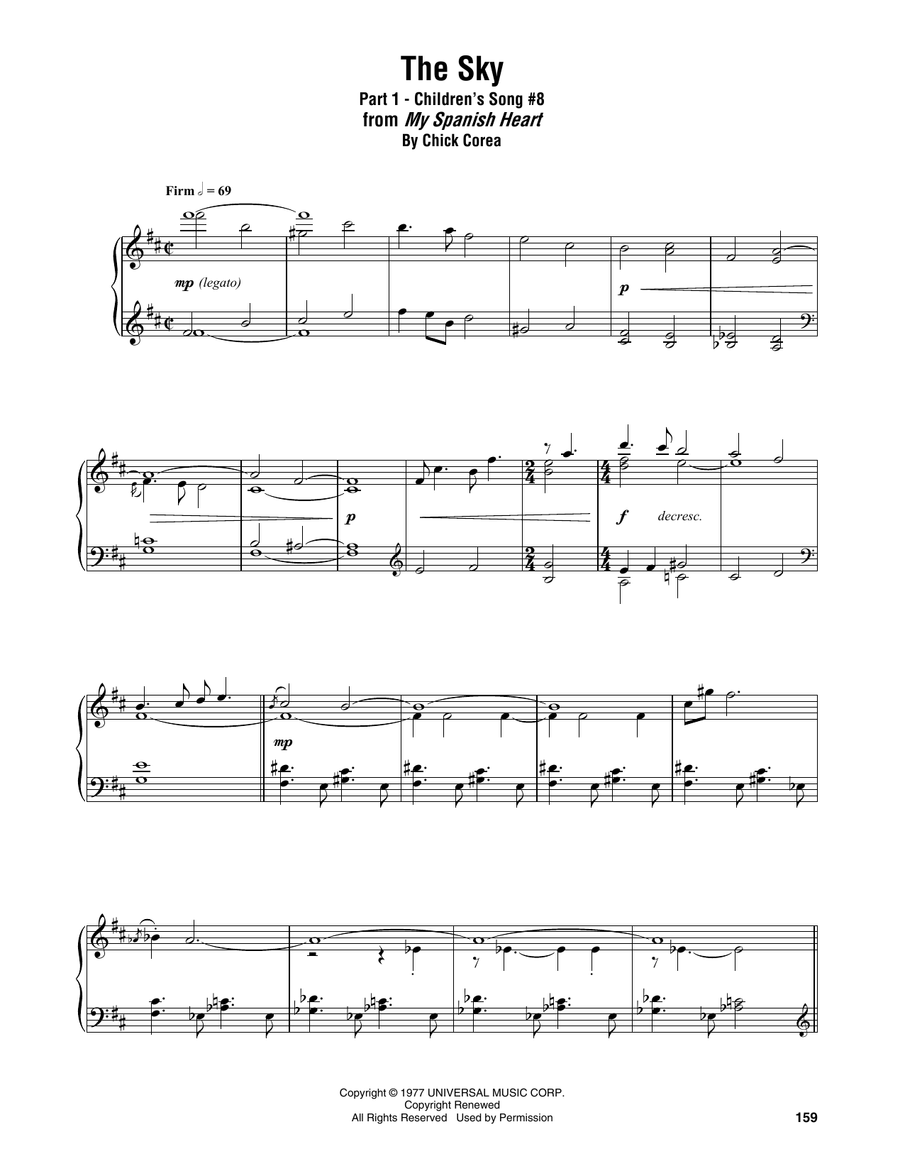 Chick Corea The Sky (Part 1 - Children's Song #8) Sheet Music Notes & Chords for Piano Transcription - Download or Print PDF