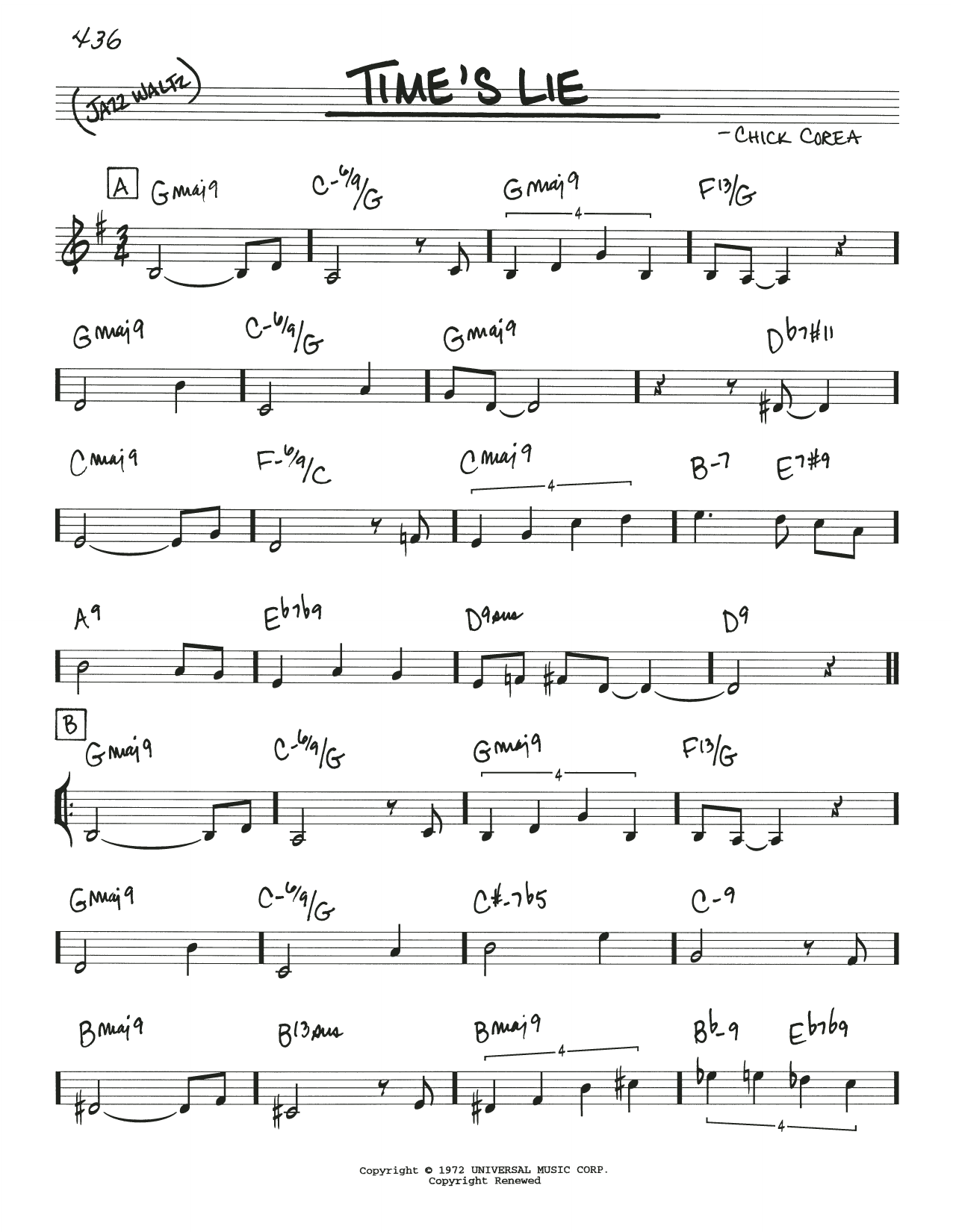 Chick Corea Time's Lie Sheet Music Notes & Chords for Real Book – Melody & Chords - Download or Print PDF