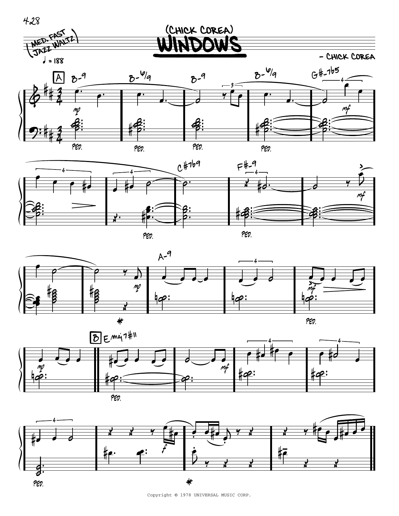 Chick Corea Windows (solo only) Sheet Music Notes & Chords for Real Book – Melody & Chords - Download or Print PDF