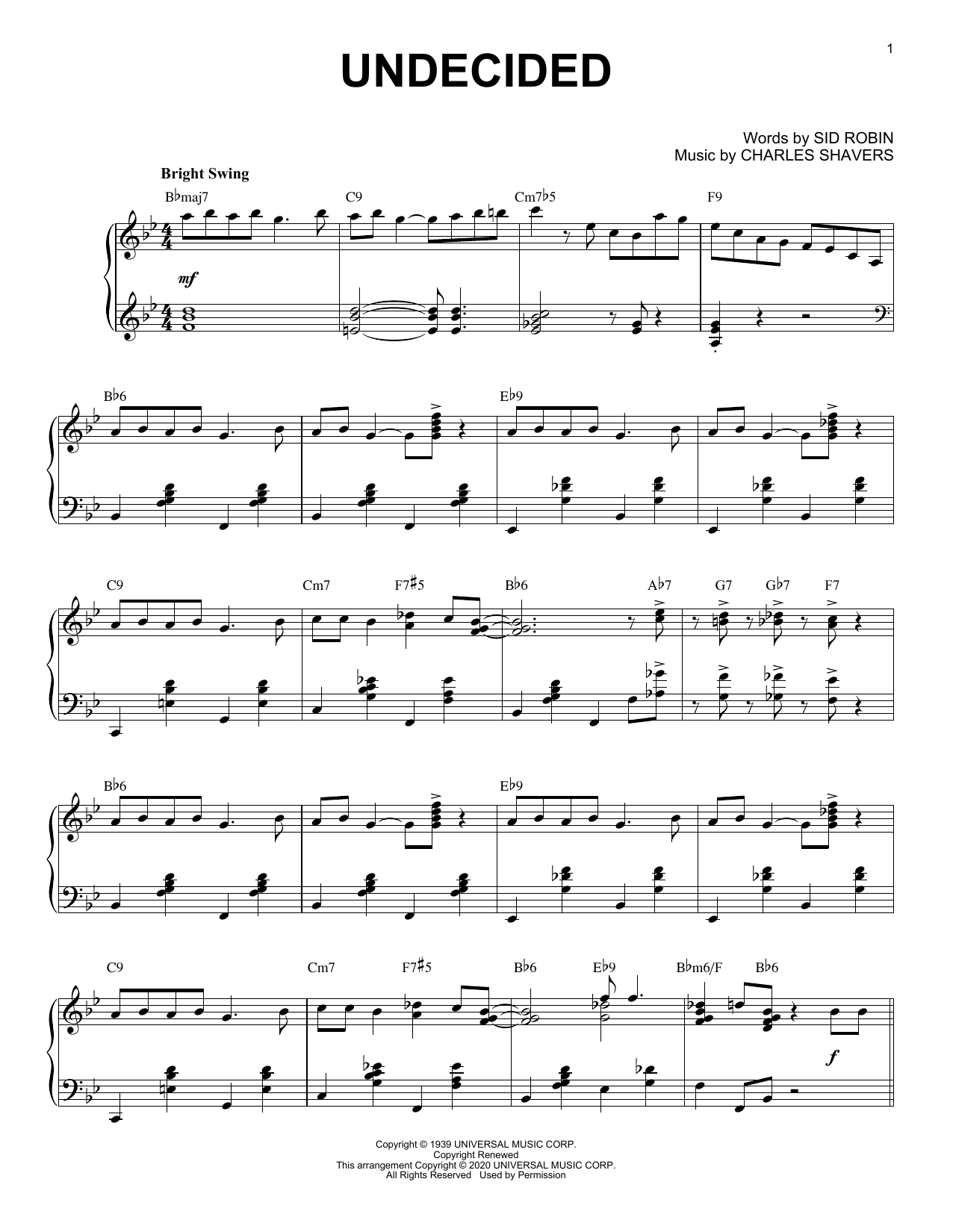 Chick Webb and His Orchestra Undecided [Jazz version] (arr. Brent Edstrom) Sheet Music Notes & Chords for Piano Solo - Download or Print PDF