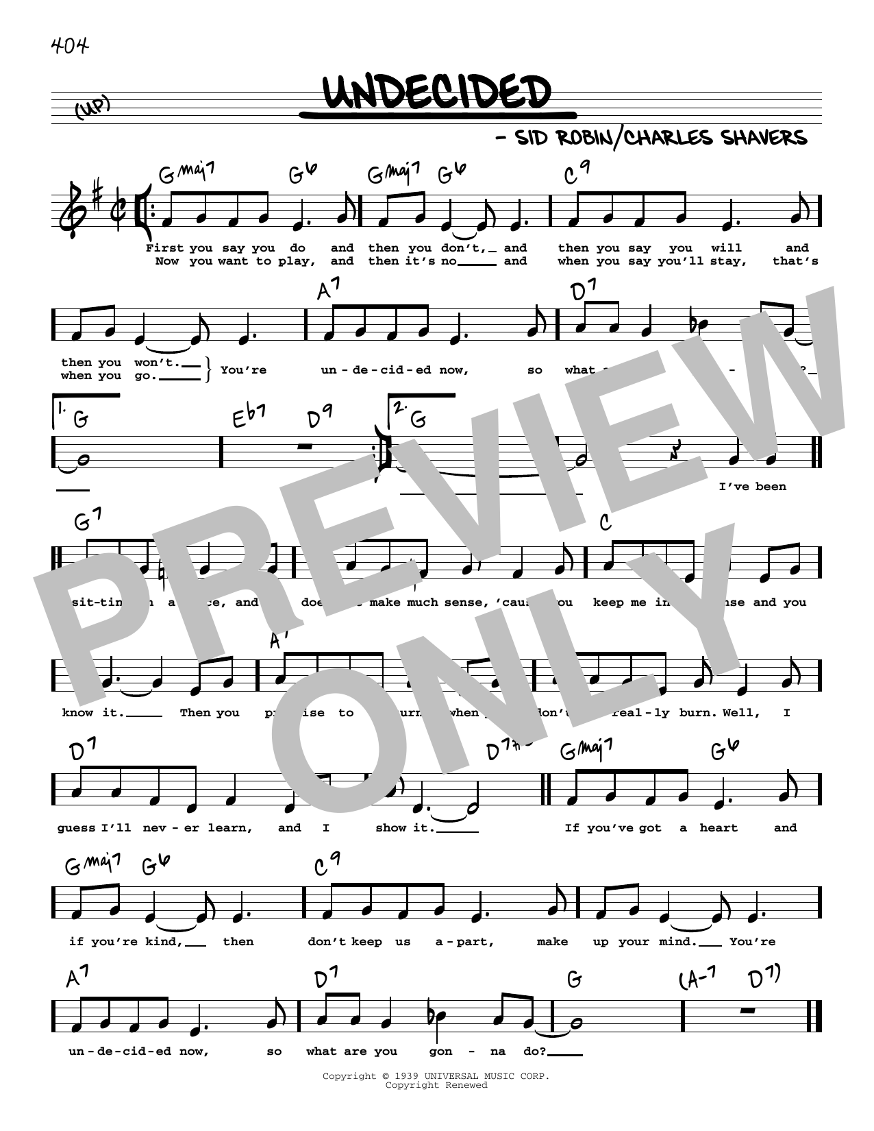 Chick Webb and His Orchestra Undecided (Low Voice) Sheet Music Notes & Chords for Real Book – Melody, Lyrics & Chords - Download or Print PDF