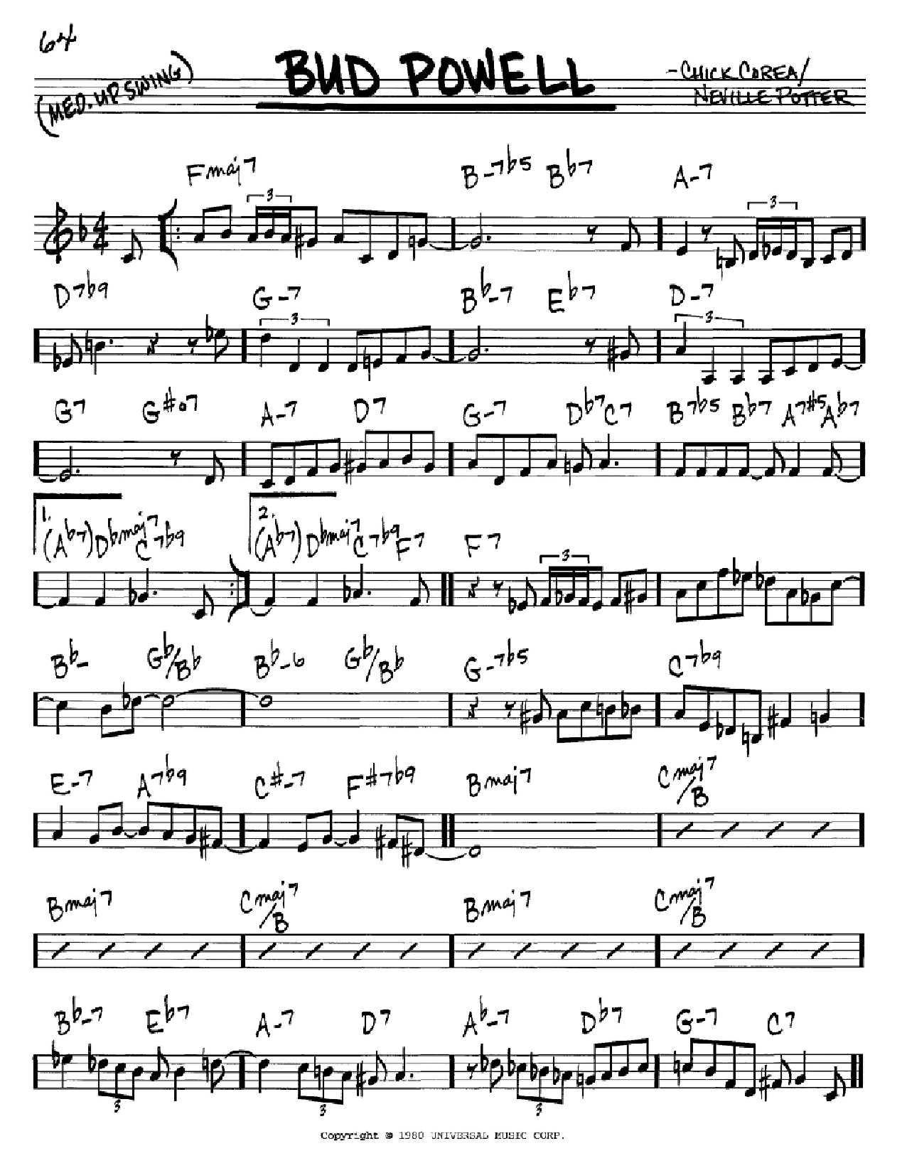 Preview Chick Corea Bud Powell Jazz sheet music, notes and chords for Real Book – Melody & Chords, SKU: 60500 Bud Powell sheet music