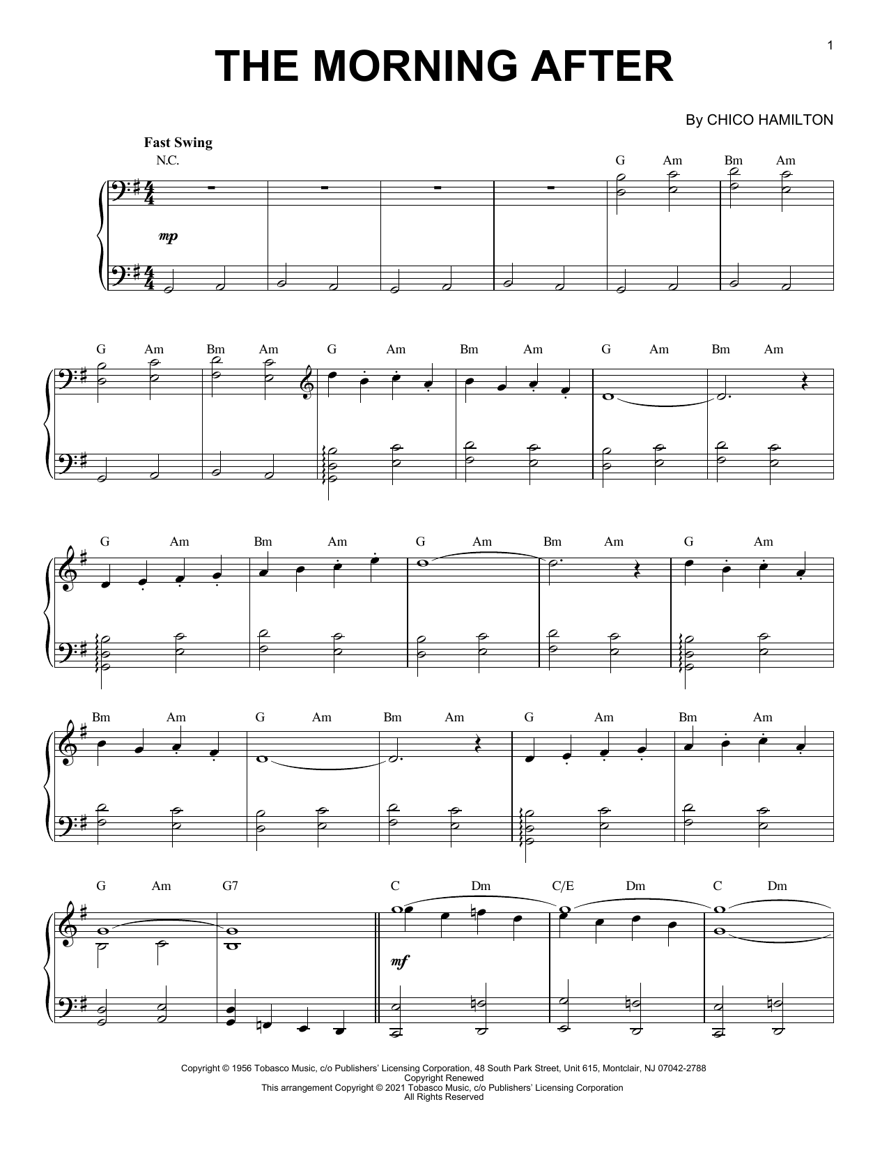 Chico Hamilton The Morning After [Jazz version] (arr. Brent Edstrom) Sheet Music Notes & Chords for Piano Solo - Download or Print PDF