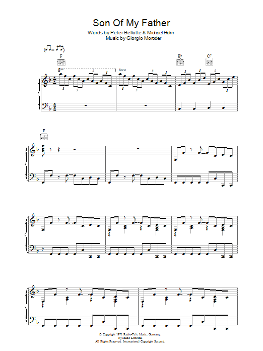 Preview Chicory Tip Son Of My Father Pop sheet music, notes and chords for Piano, Vocal & Guitar (Right-Hand Melody), SKU: 36349 Son Of My Father sheet music