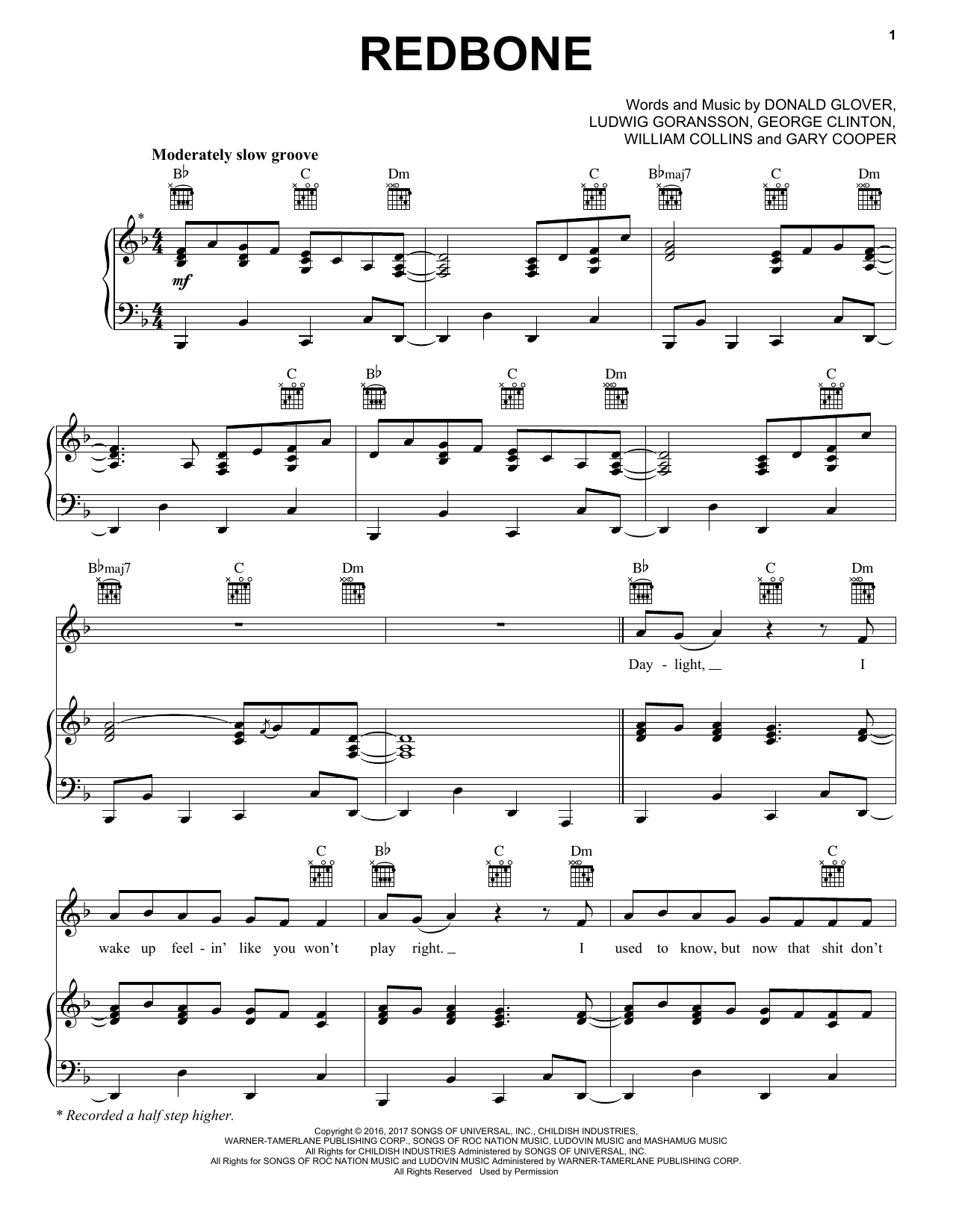 Childish Gambino Redbone Sheet Music Notes & Chords for Piano, Vocal & Guitar (Right-Hand Melody) - Download or Print PDF