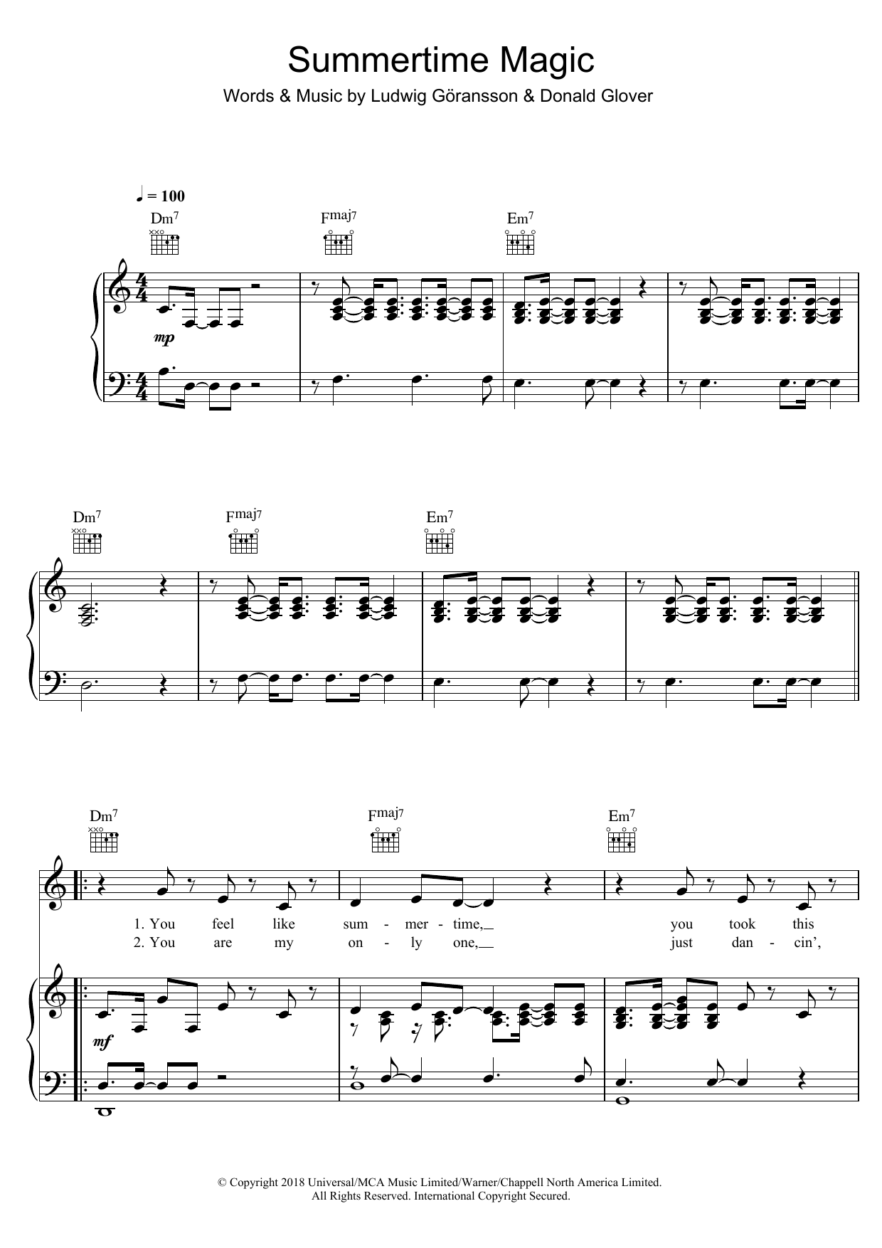 Childish Gambino Summertime Magic Sheet Music Notes & Chords for Piano, Vocal & Guitar (Right-Hand Melody) - Download or Print PDF