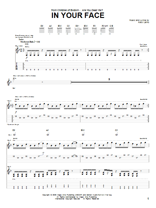 Preview Children Of Bodom In Your Face Pop sheet music, notes and chords for Guitar Tab, SKU: 72214 In Your Face sheet music