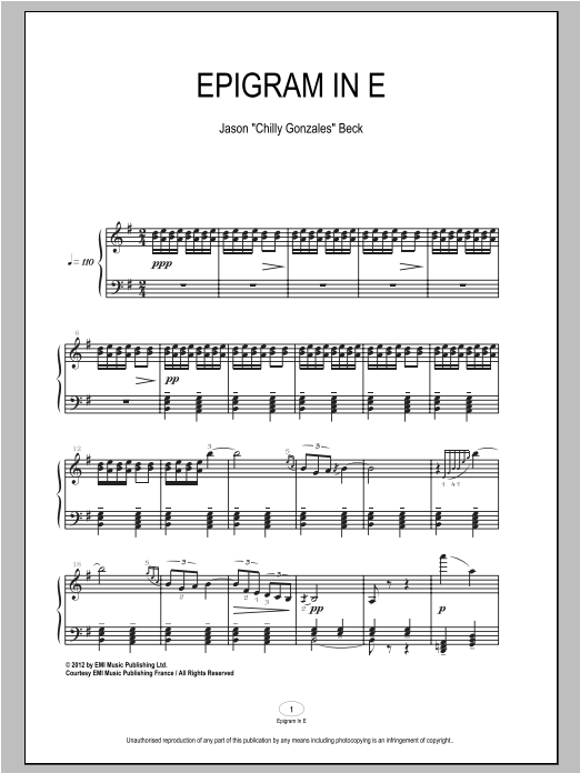 Chilly Gonzales Epigram In E Sheet Music Notes & Chords for Piano - Download or Print PDF Chilly Gonzales Epigram In E Sheet Music Notes & Chords for Piano - Download or Print PDF