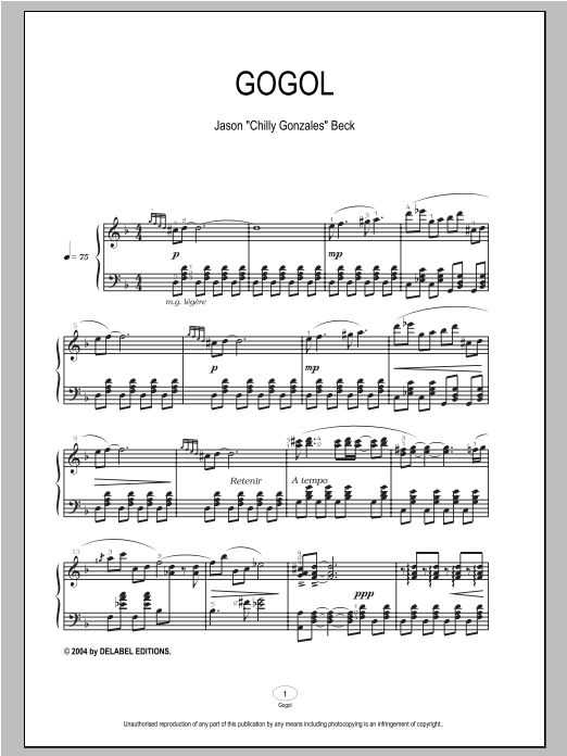 Chilly Gonzales Gogol Sheet Music Notes & Chords for Piano - Download or Print PDF